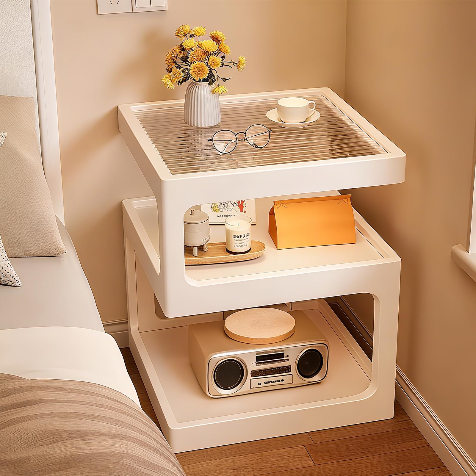 3-Tier Nightstand with Storage and Open Shelves