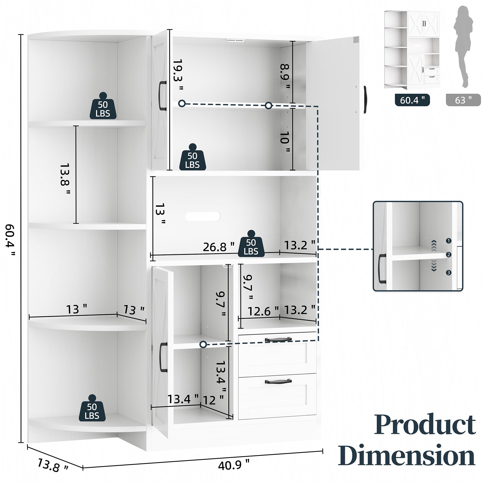 Farmhouse Kitchen Pantry Storage Cabinet with Microwave Shelf