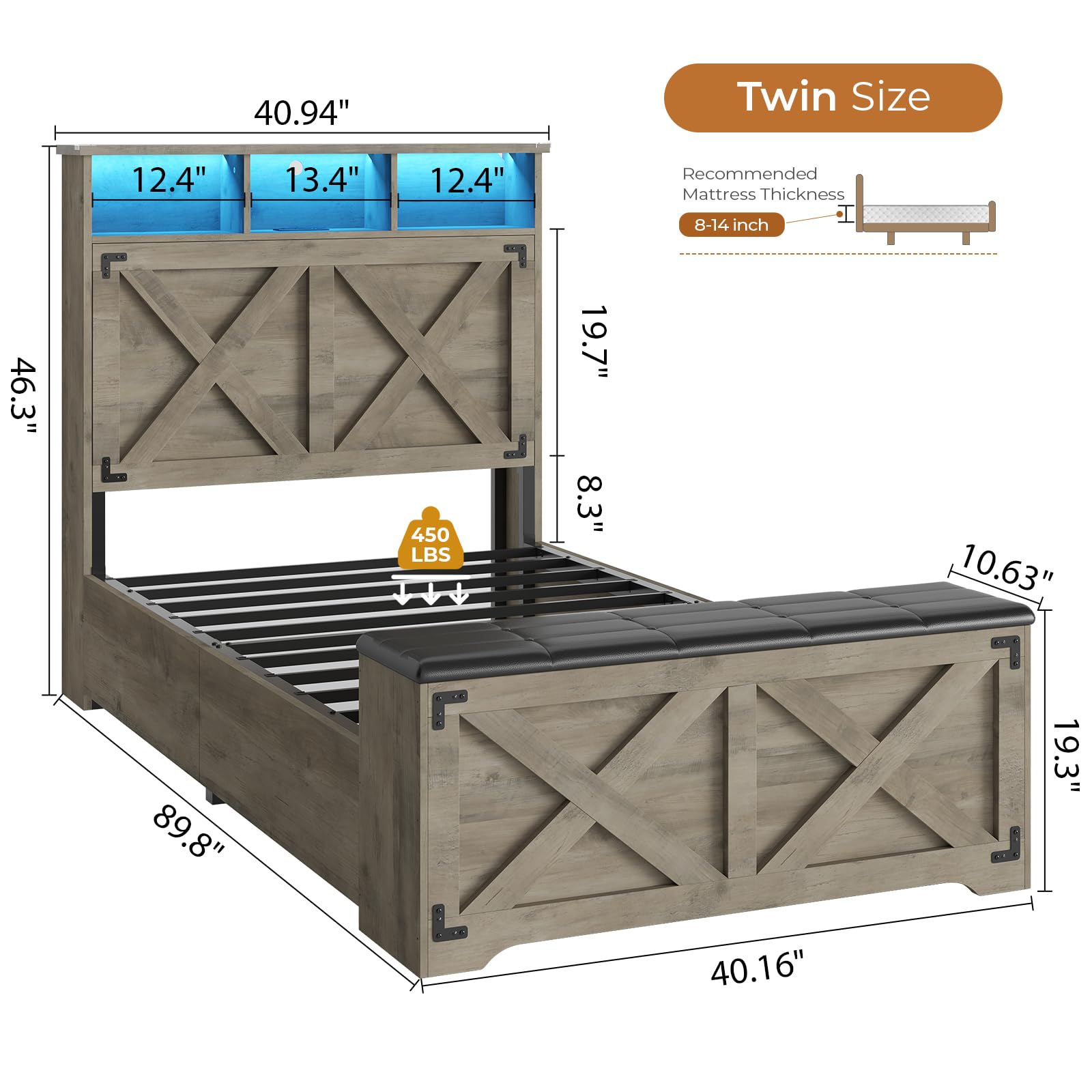 Twin Bed Frame with Storage and LED Lights