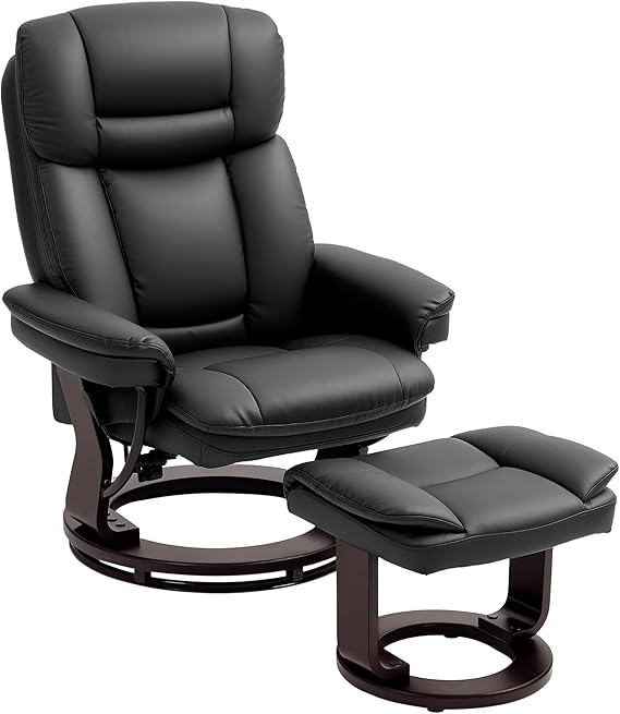 Swivel Recliner Chair with Ottoman - Black PU Leather