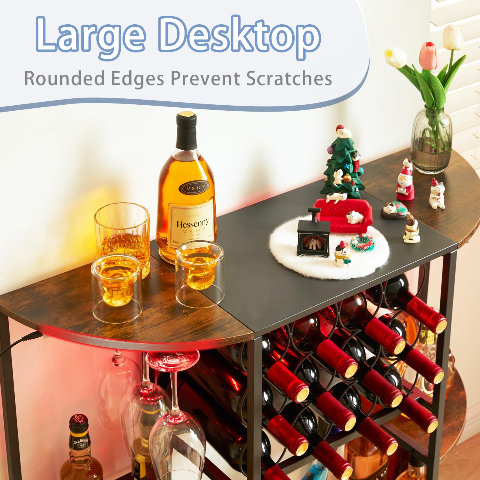 Wine Bar Cabinet with LED Lights and Glass Holder