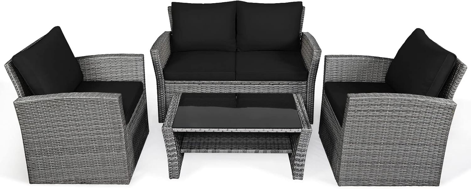4-Piece Patio Rattan Furniture Set with Glass Coffee Table