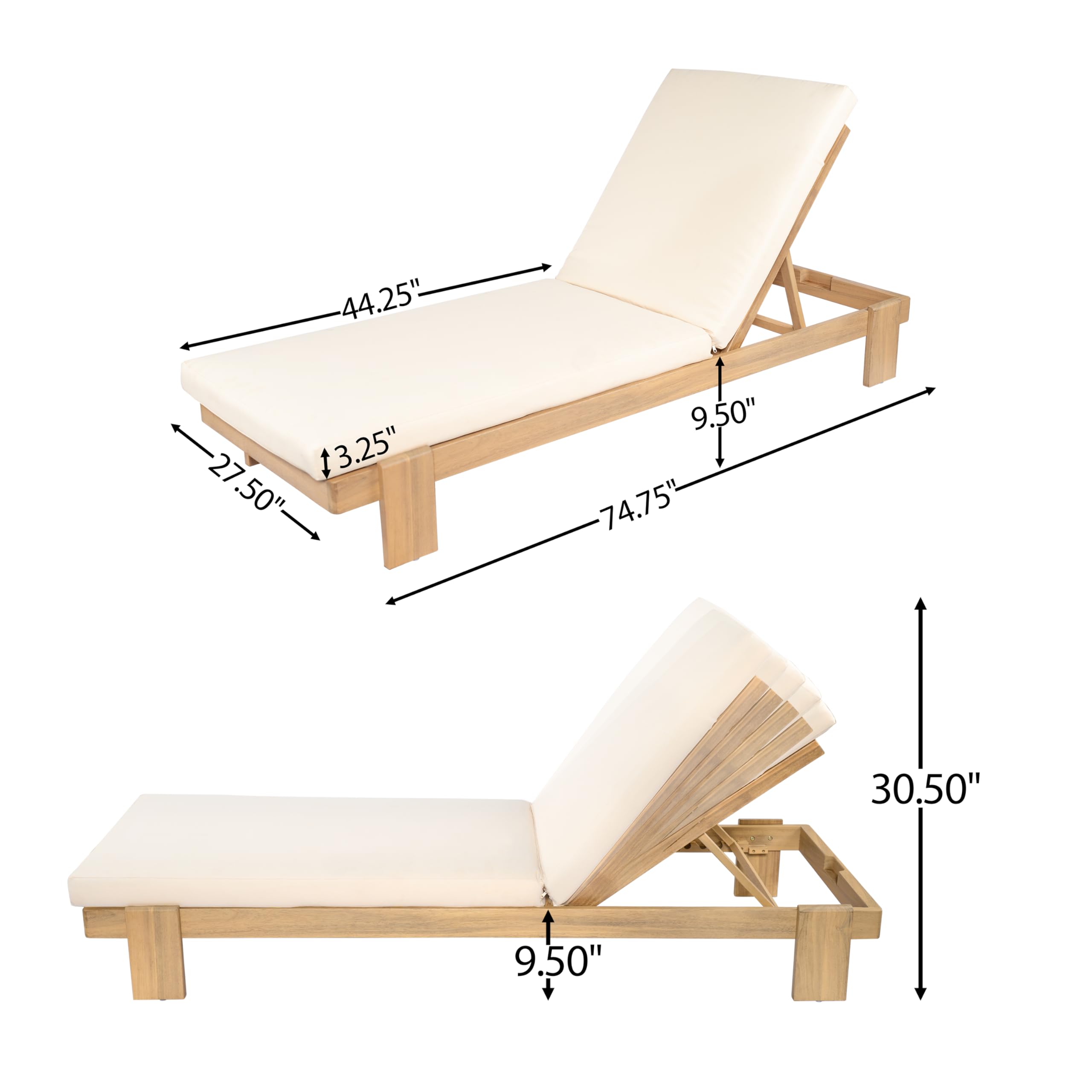 Acacia Wood Chaise Lounge Chair Set of 2 with Cushions