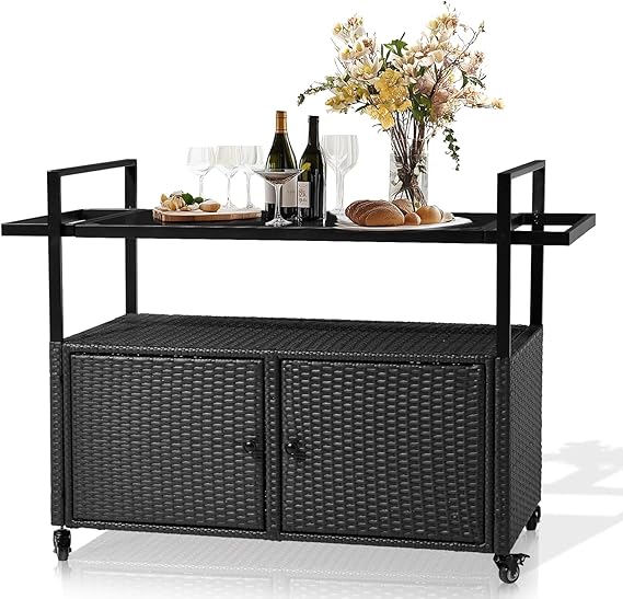 Wicker Outdoor Bar Table with Steel Shelves and Storage