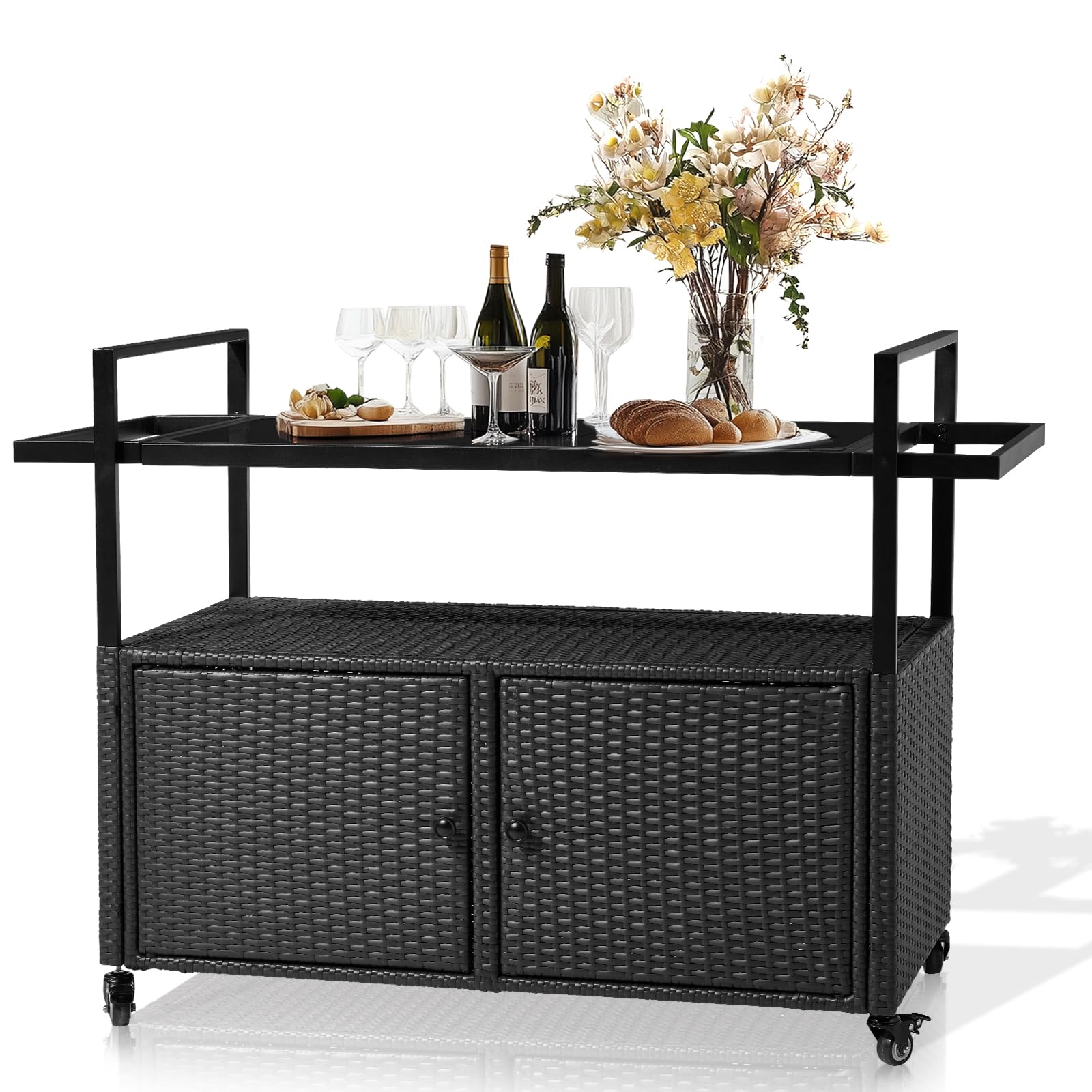 Outdoor Wicker Bar Cart with Storage and Wheels