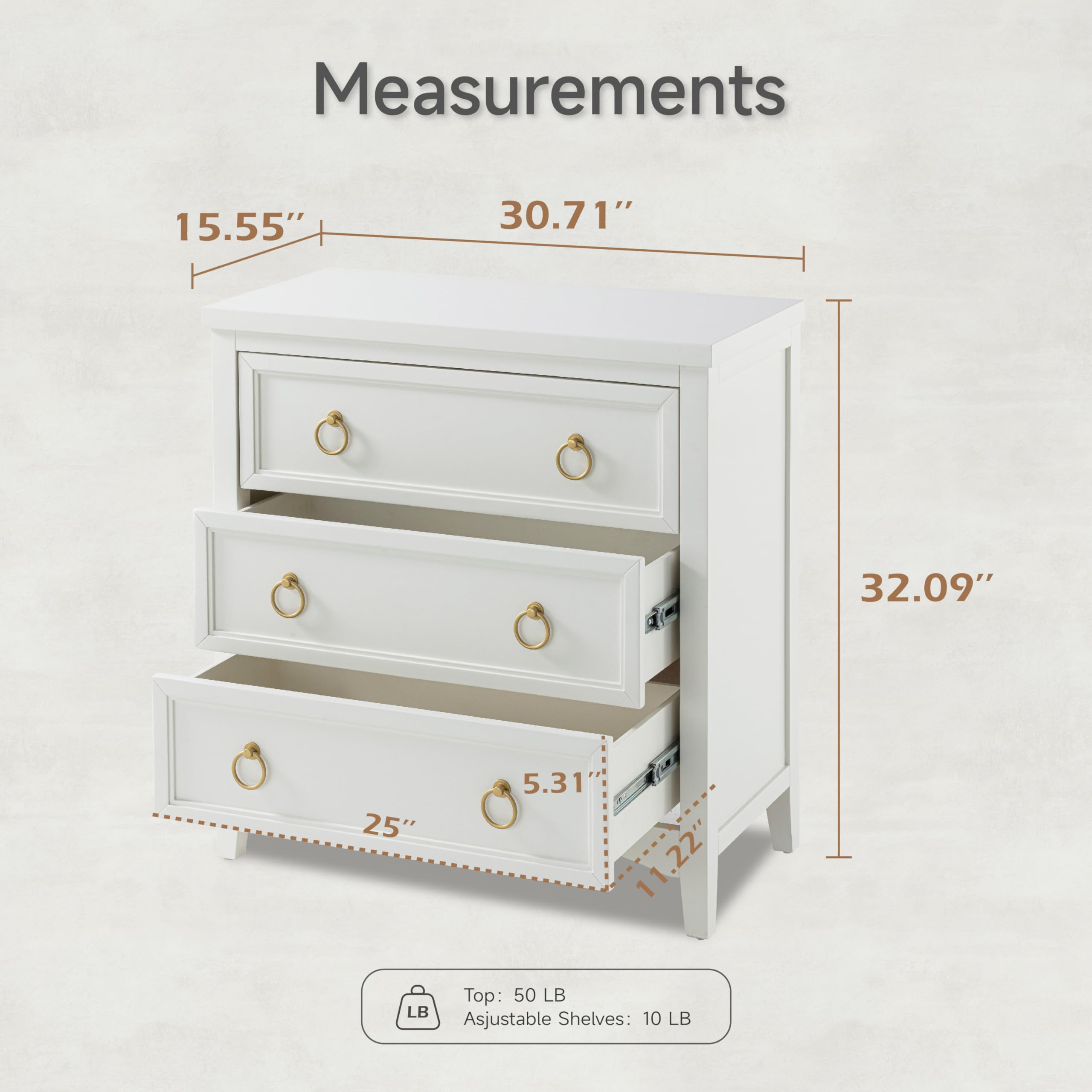 3-Drawer Dresser Chest with Bronze Ring Handles