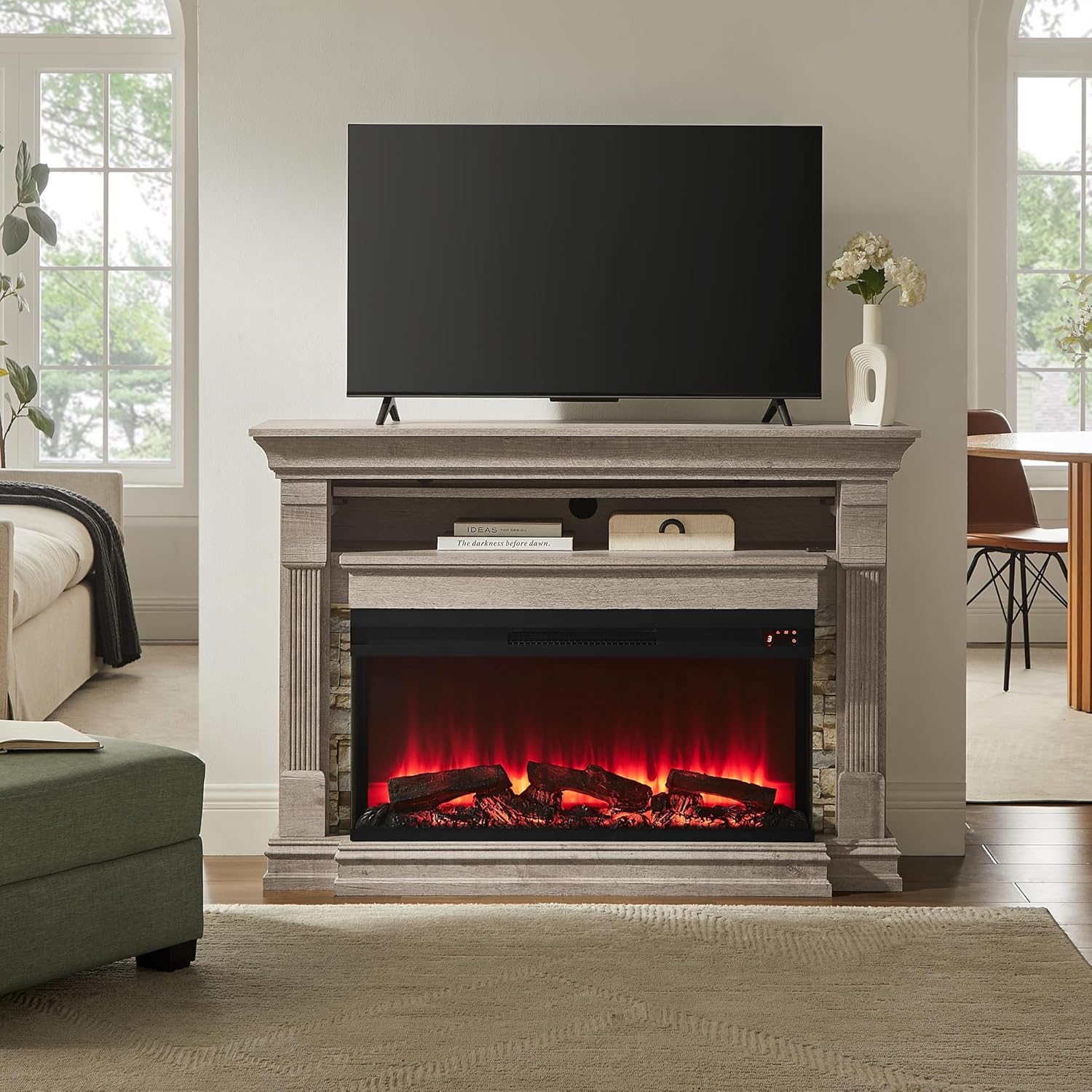 52" Electric Fireplace TV Stand with 3-Sided Glass Insert and Hidden Storage