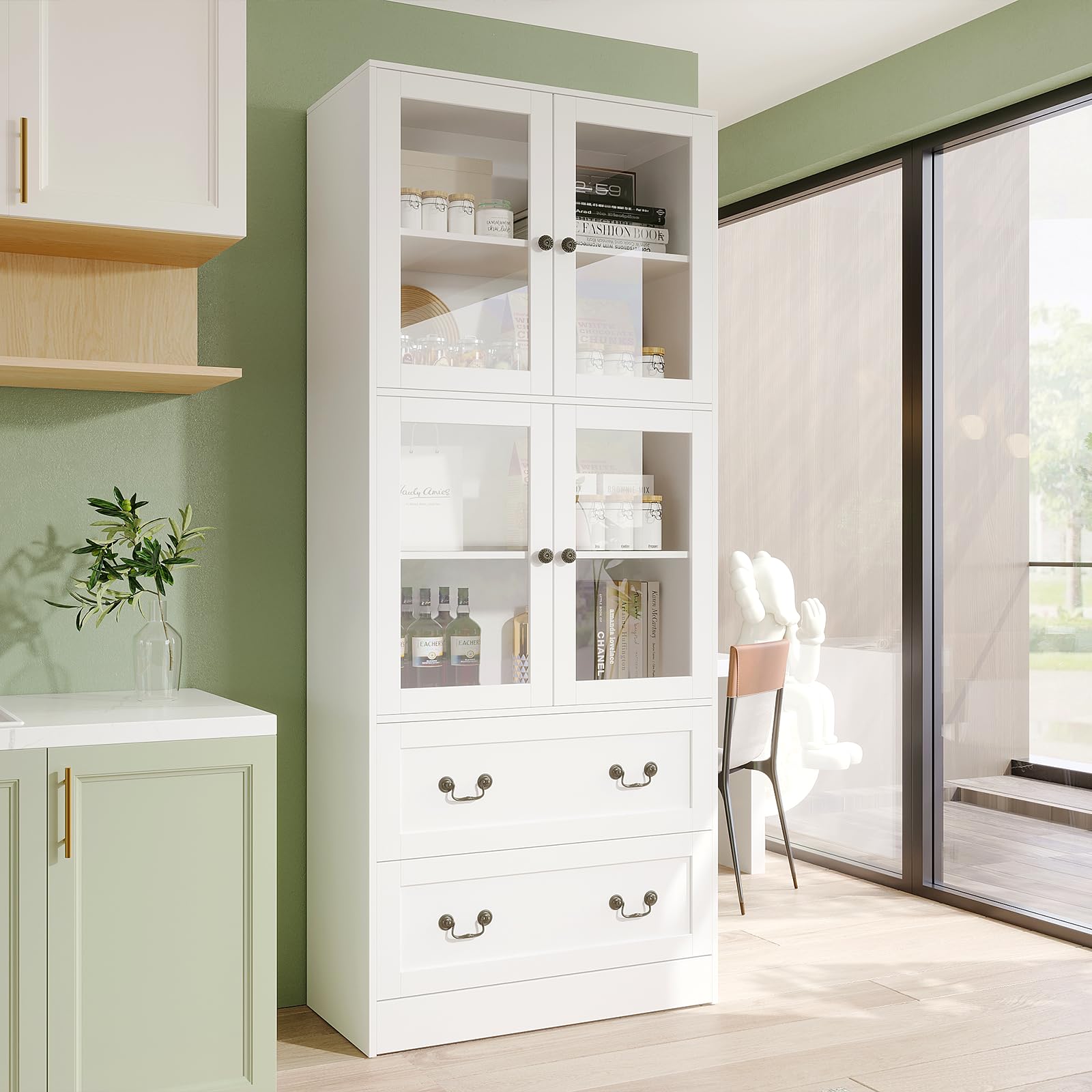 78.7" Bookcase with Glass Doors and Drawers