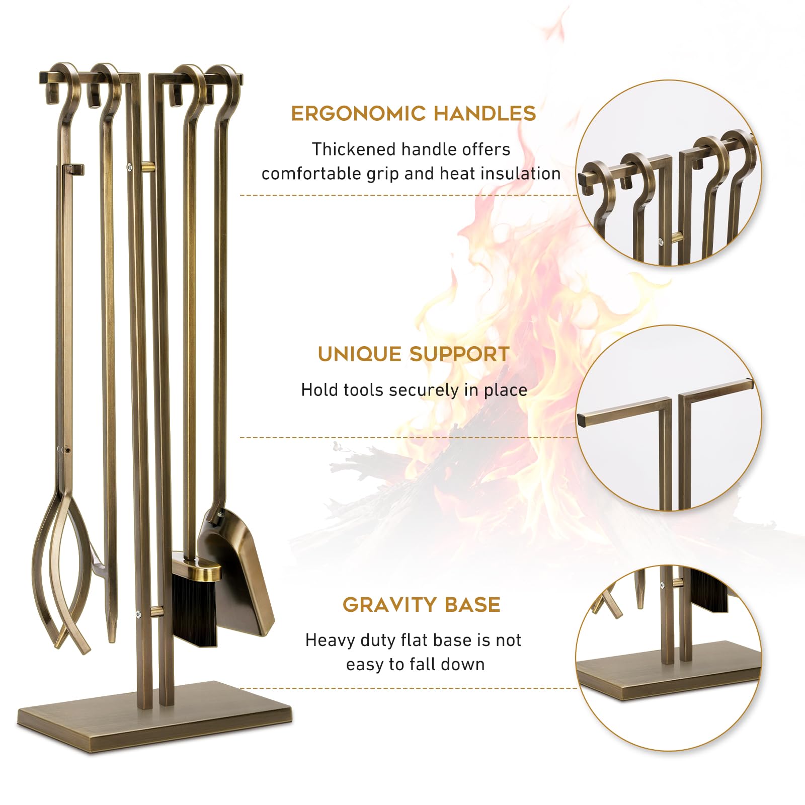 29 Inch Fireplace Tool Set - 5 Piece Wrought Iron Set with Stand