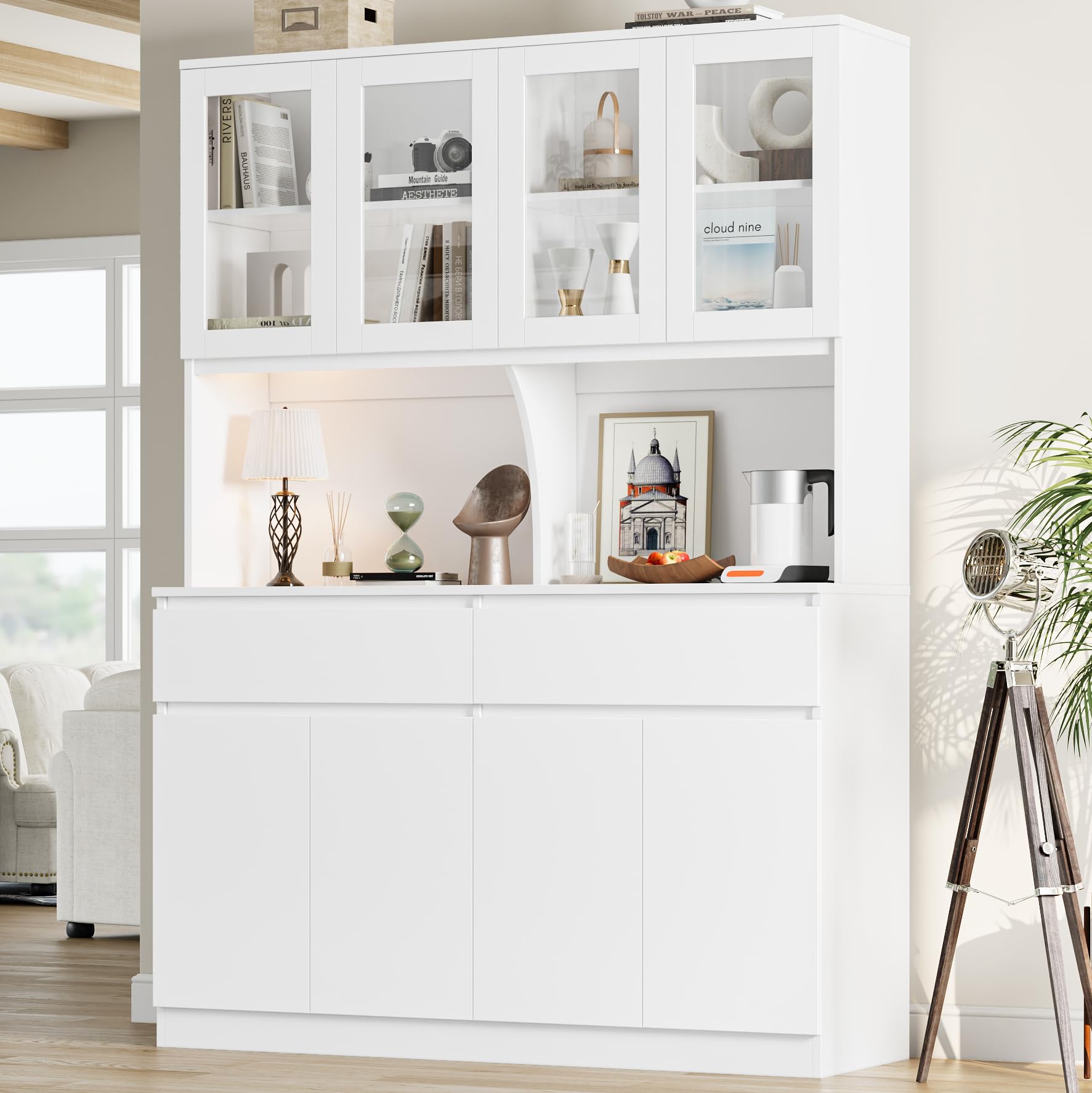Kitchen Pantry Storage Cabinet with Glass Doors