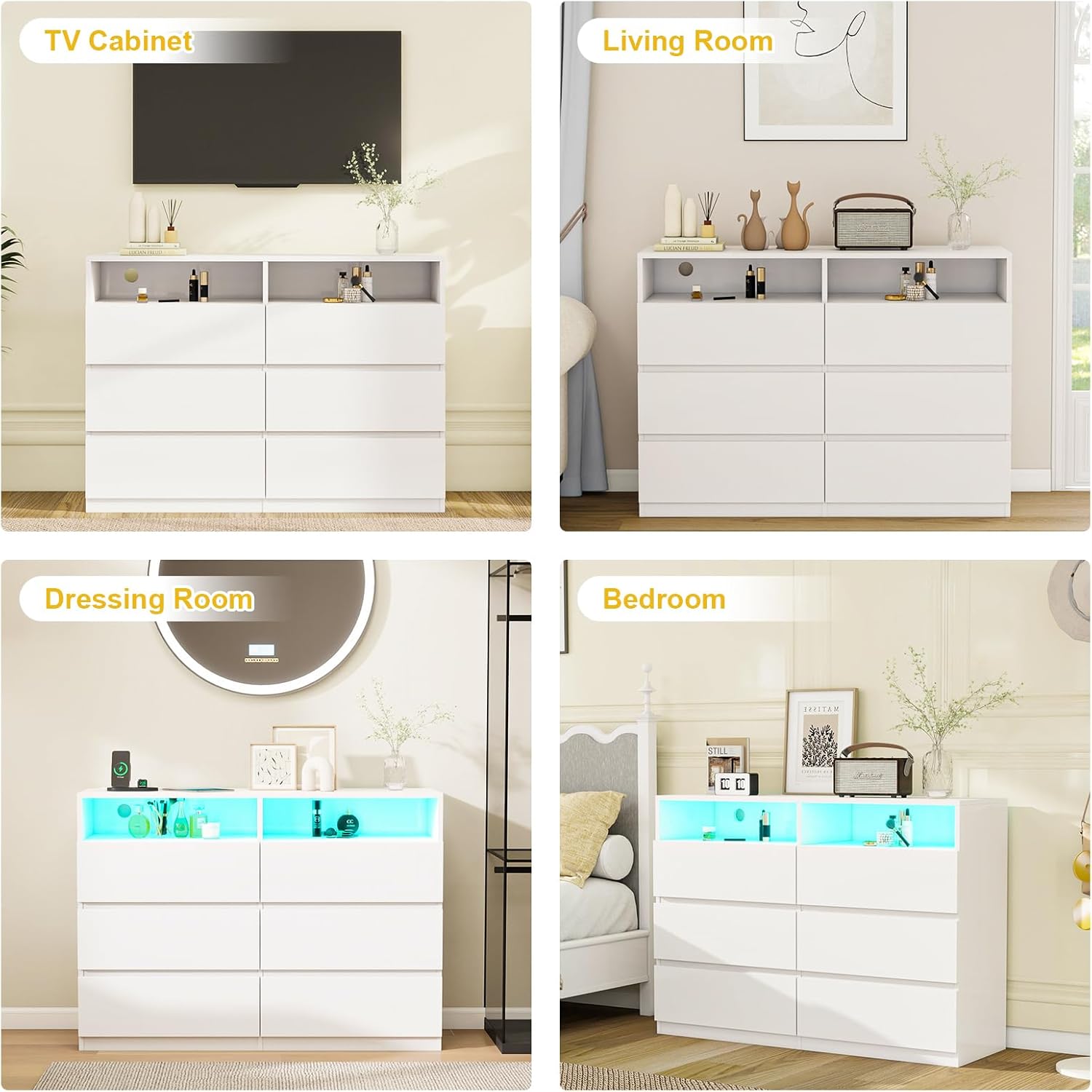 6 Drawer Dresser with TV Stand, LED Lights & Power Outlet