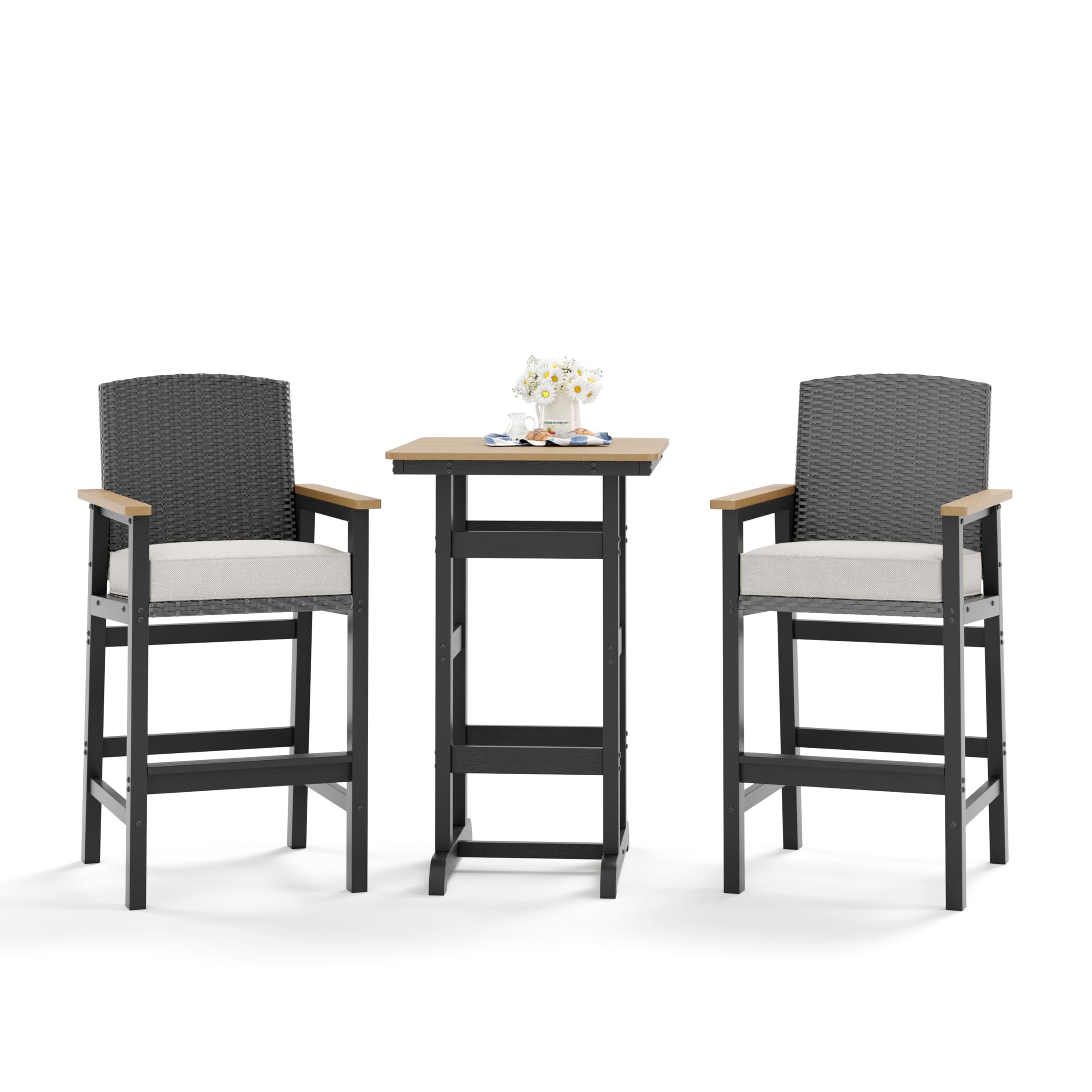 HDPE Outdoor Bar Set 3-Piece with Wicker Stools