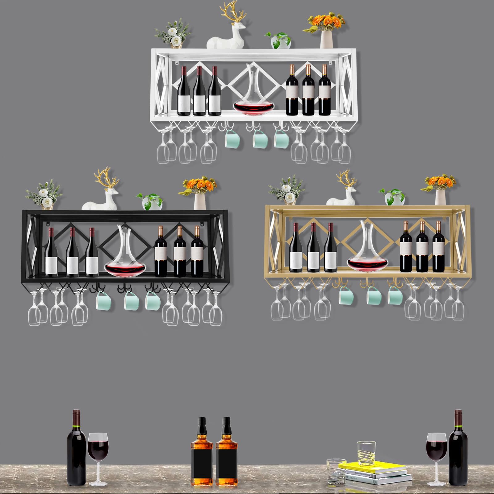 Wall Mounted Wine Rack with Glass Holder