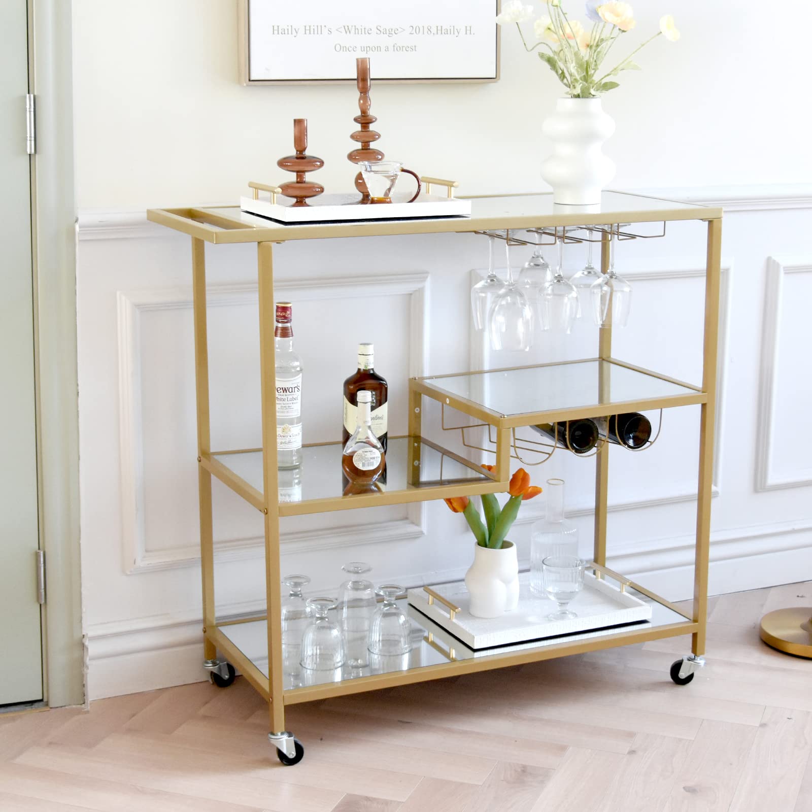 Gold Mirror Rolling Bar Cart with Wine Holders