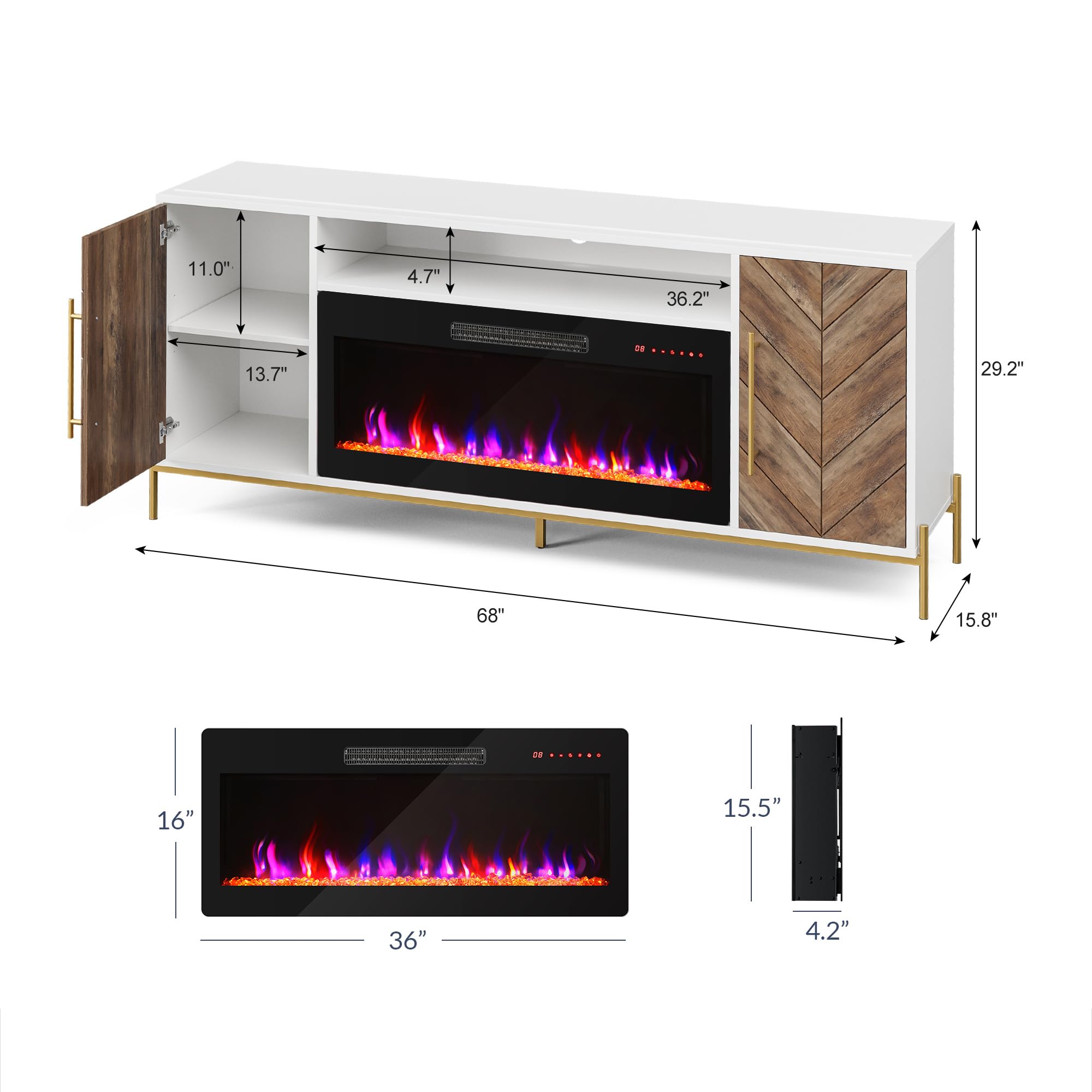 68" Electric Fireplace TV Stand with Storage Cabinet