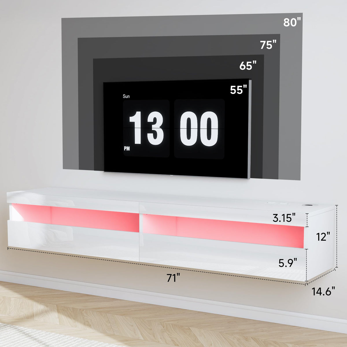 71" Floating TV Stand with LED Lights and Power Outlet