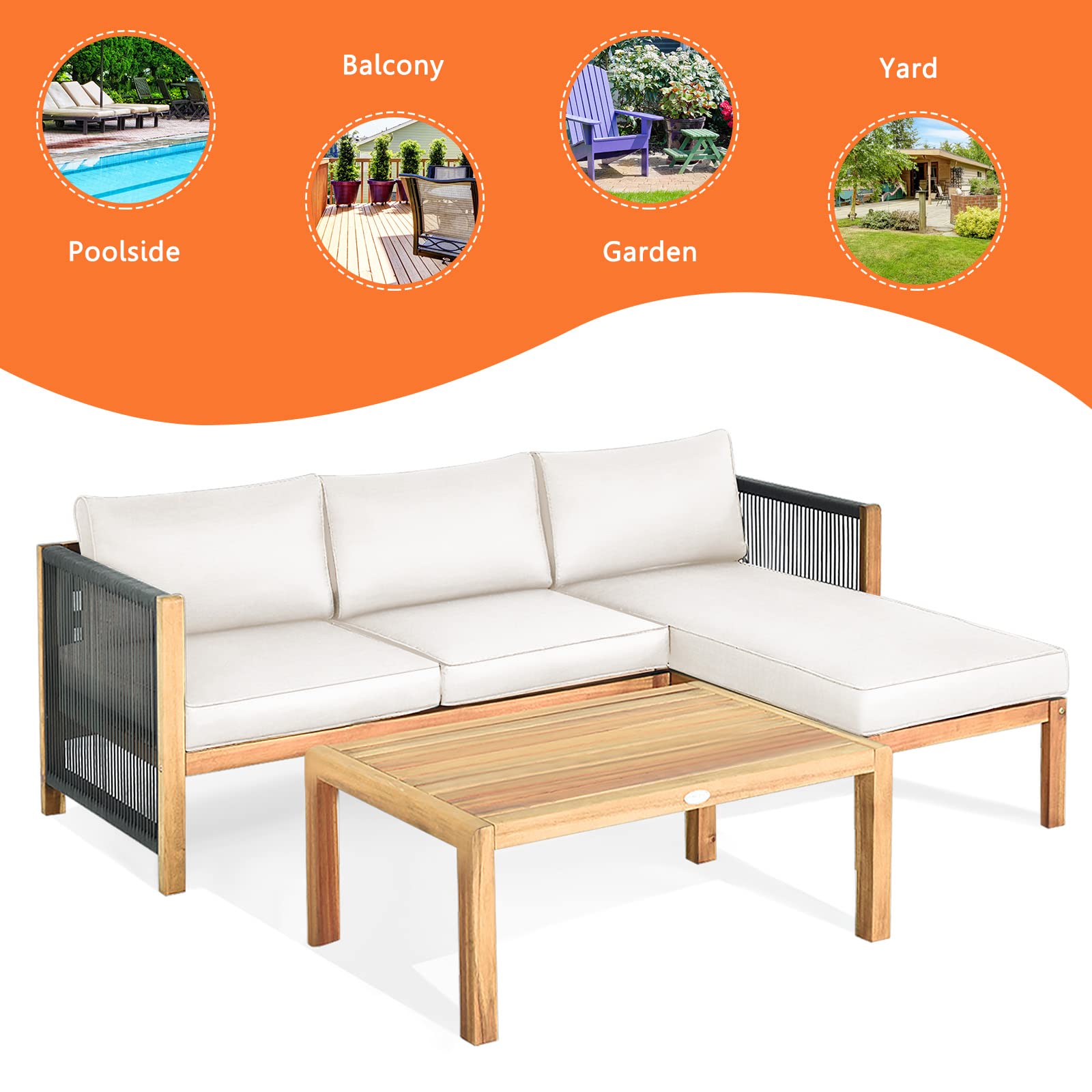 L-Shape Outdoor Furniture Set - 3 Piece Acacia Wood Patio Conversation Set