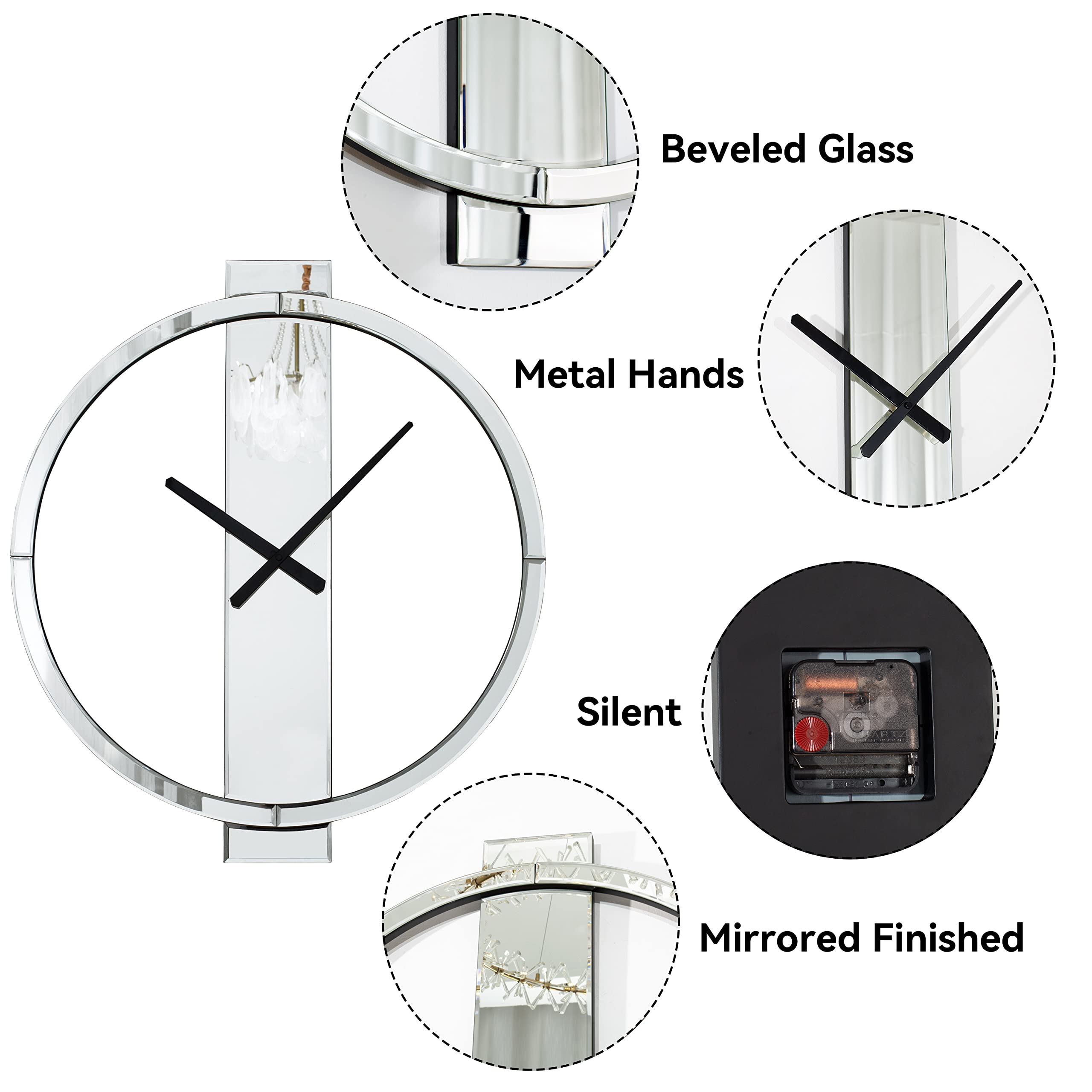 Mirrored Wall Clock 23" Round Contemporary Design