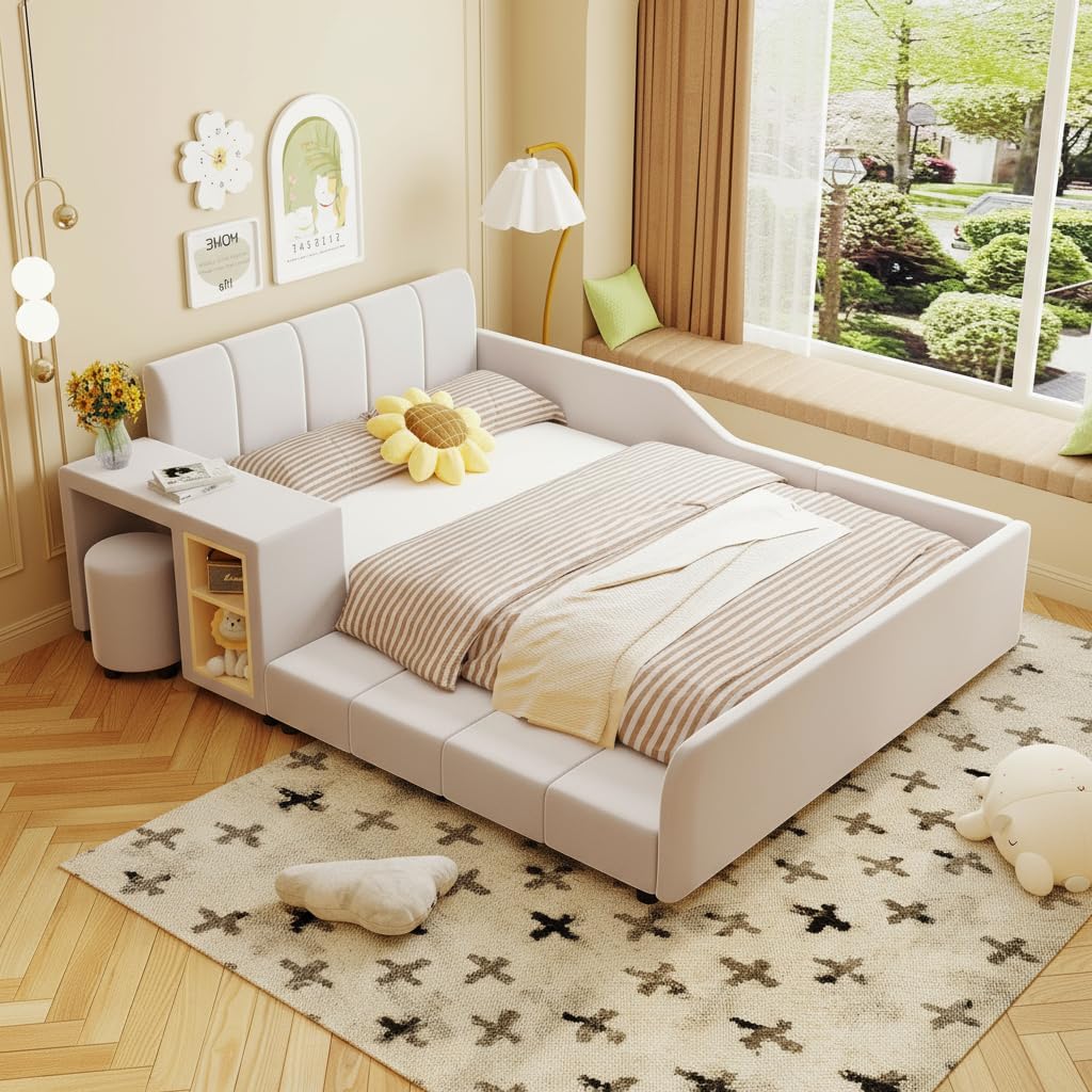 Full Size Velvet Upholstered Platform Bed with Bedside Desk