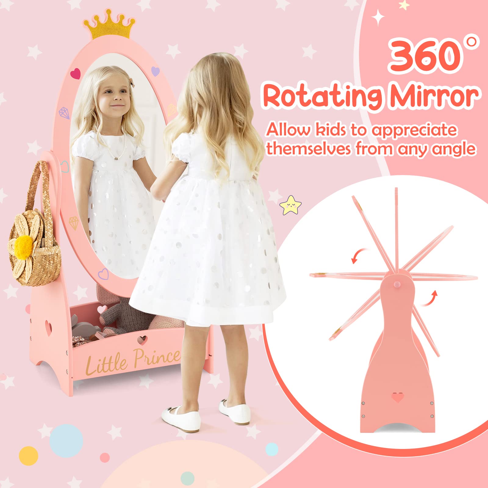 Kids Princess Floor Mirror with Storage Shelf