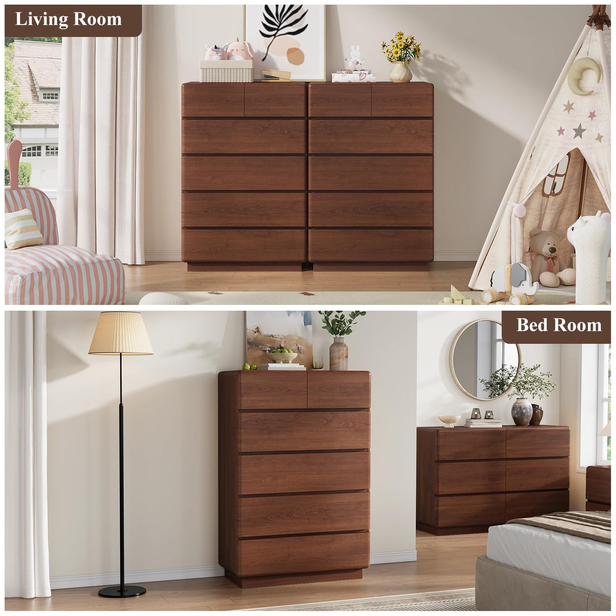 6-Drawer Tall Dresser with Rounded Design – Walnut Chest of Drawers for Bedroom
