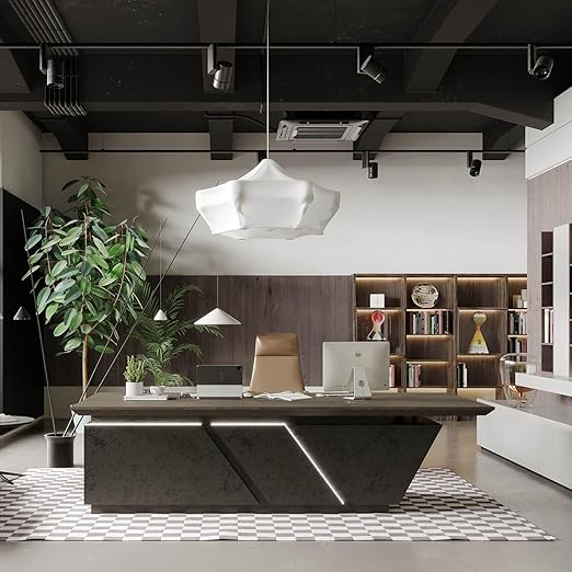 Adjustable Executive L-Shaped Desk with Drawers and LED Light