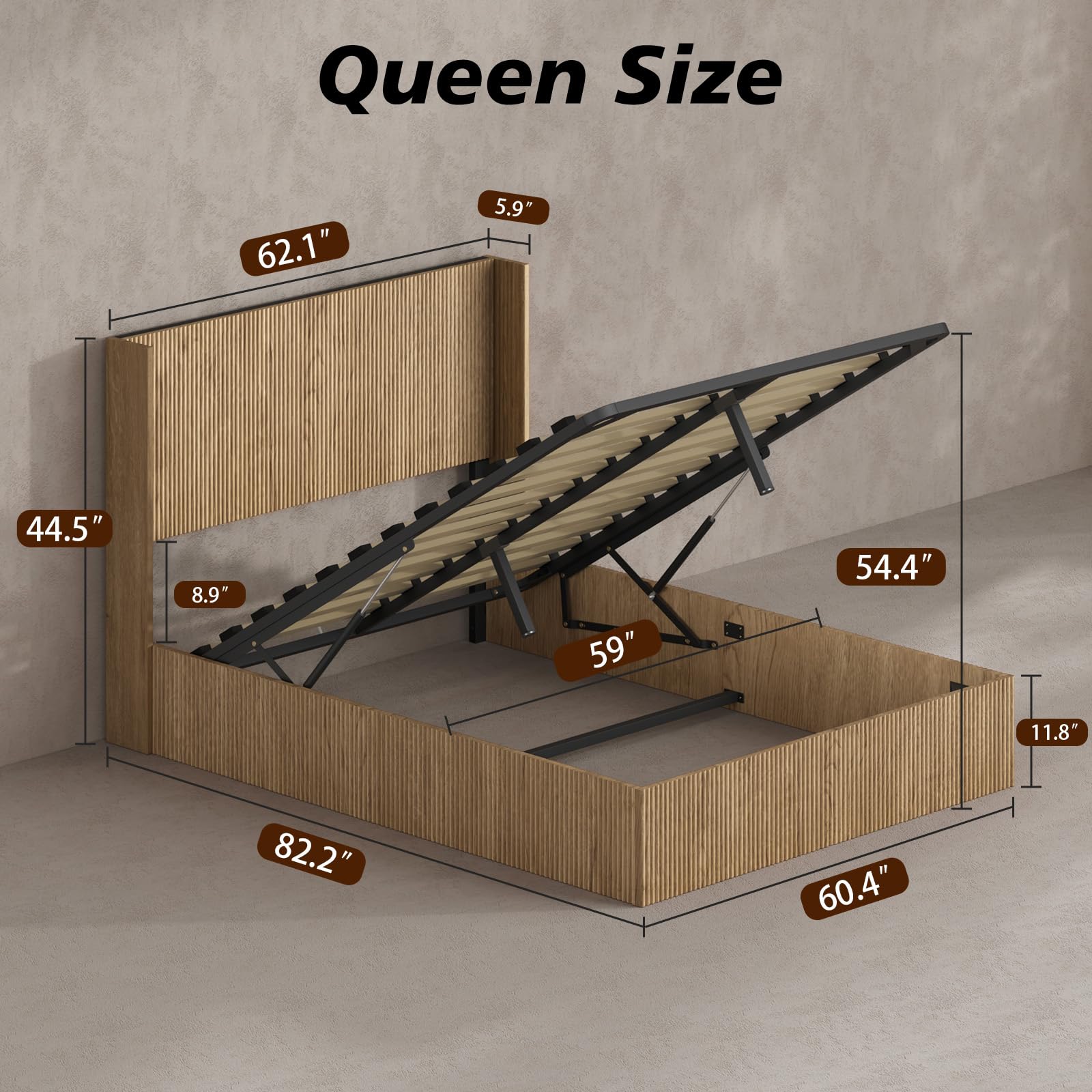 Queen Platform Bed Frame with Fluted Headboard and Lift-Up Storage