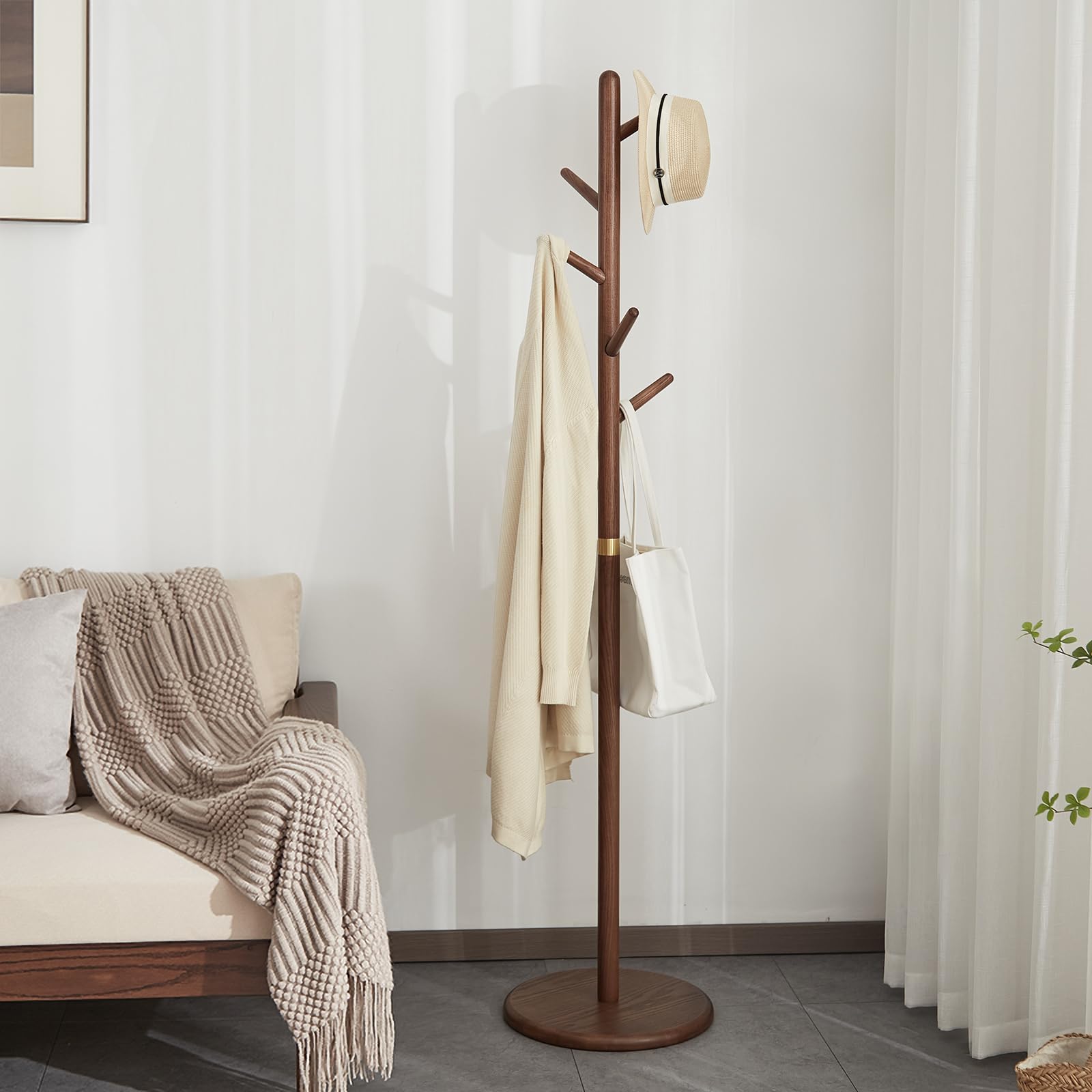 Solid Wood Coat Rack Freestanding with 6 Hooks