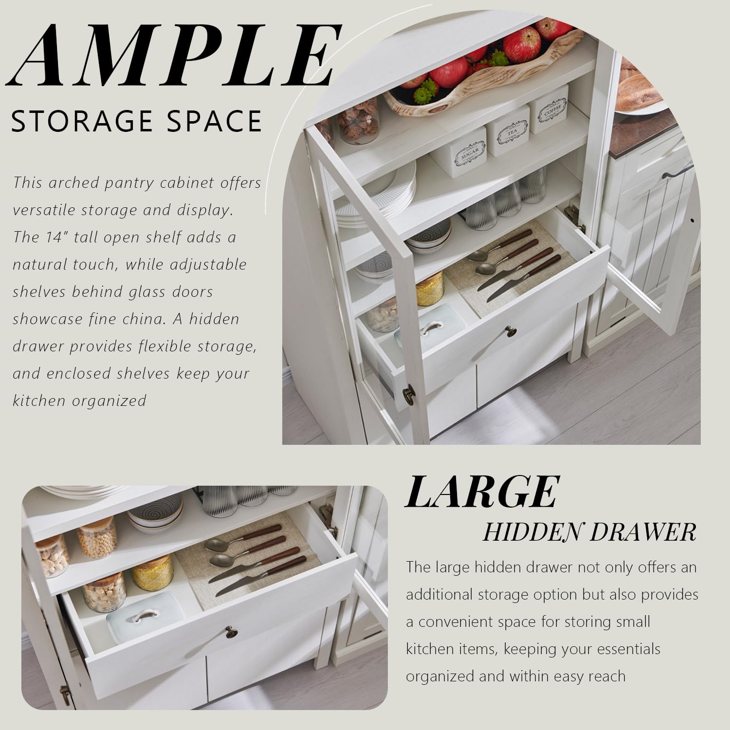 Arched Kitchen Pantry Cabinet with Glass Doors