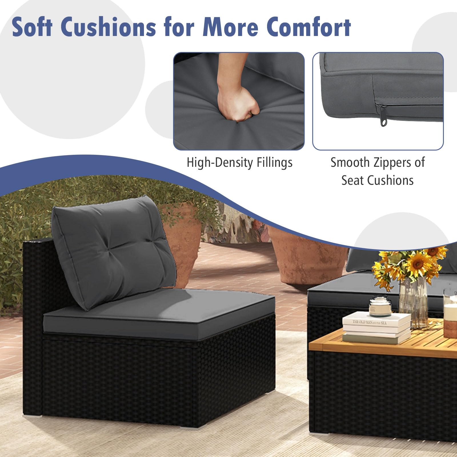 5-Piece PE Rattan Outdoor Sectional Set with Acacia Wood Coffee Table