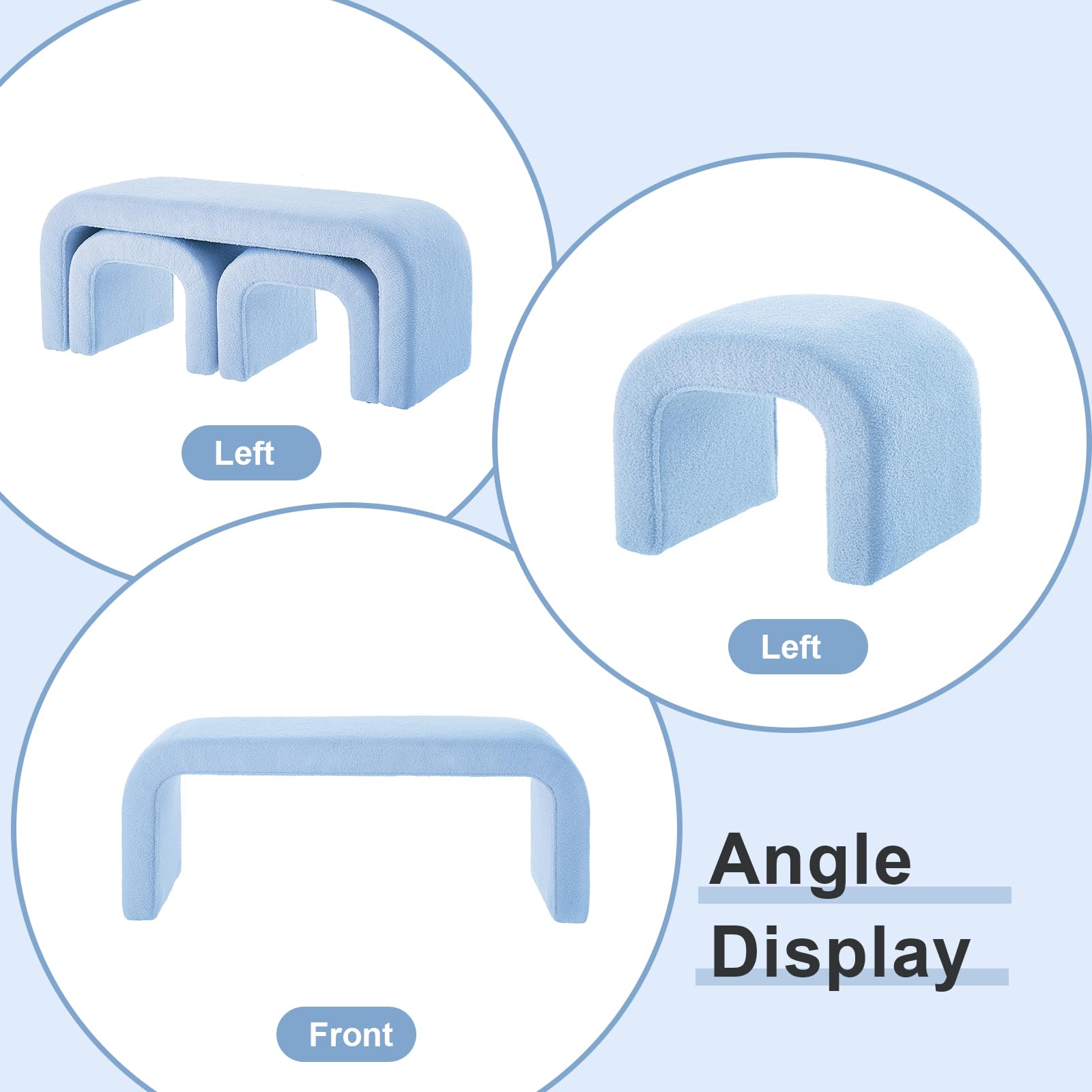 Sudwesto 3-Piece Modern Ottoman Bench Set, 44" Wide Teddy Upholstered End of Bed Bench with 2 Foot Stools, Padded U-Shaped Entry Bench Vanity Stool for Living Room Bedroom (Light Blue)