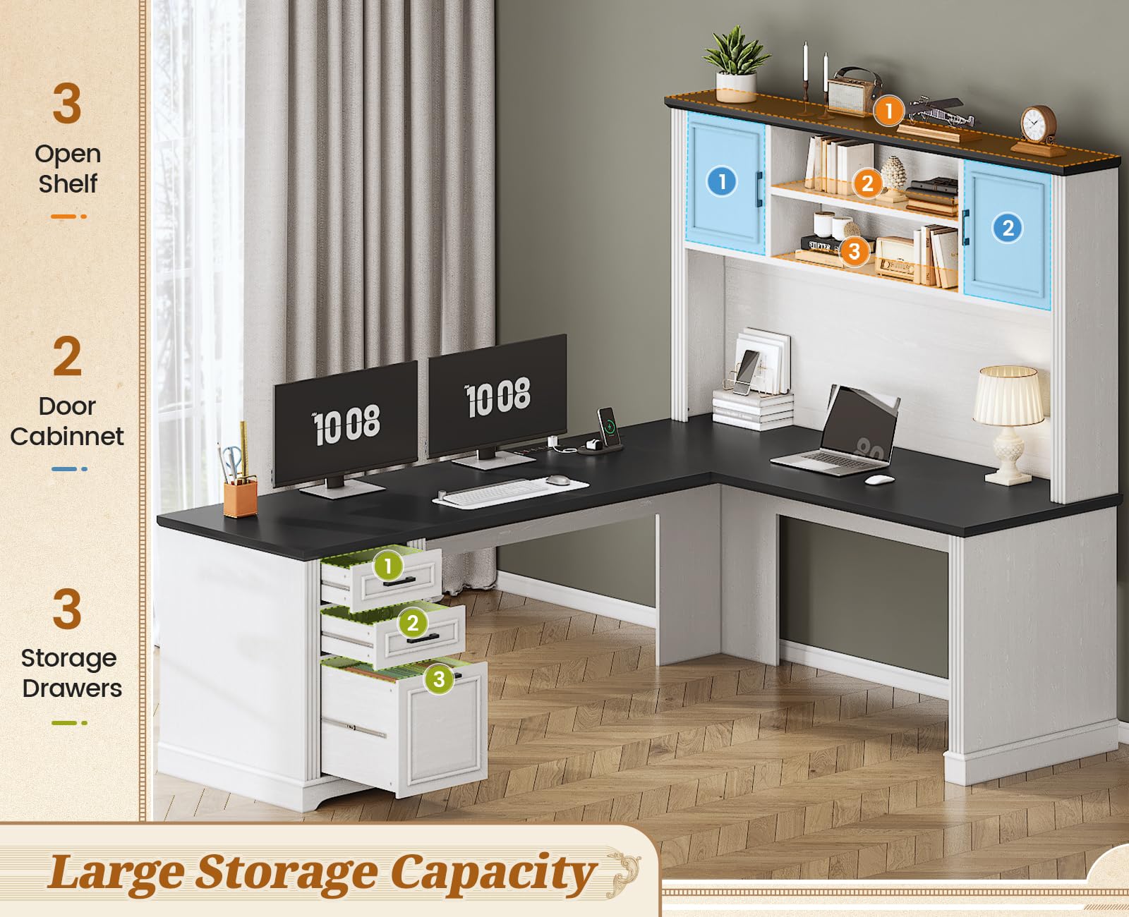 L-Shaped Desk with Hutch and Storage Shelves