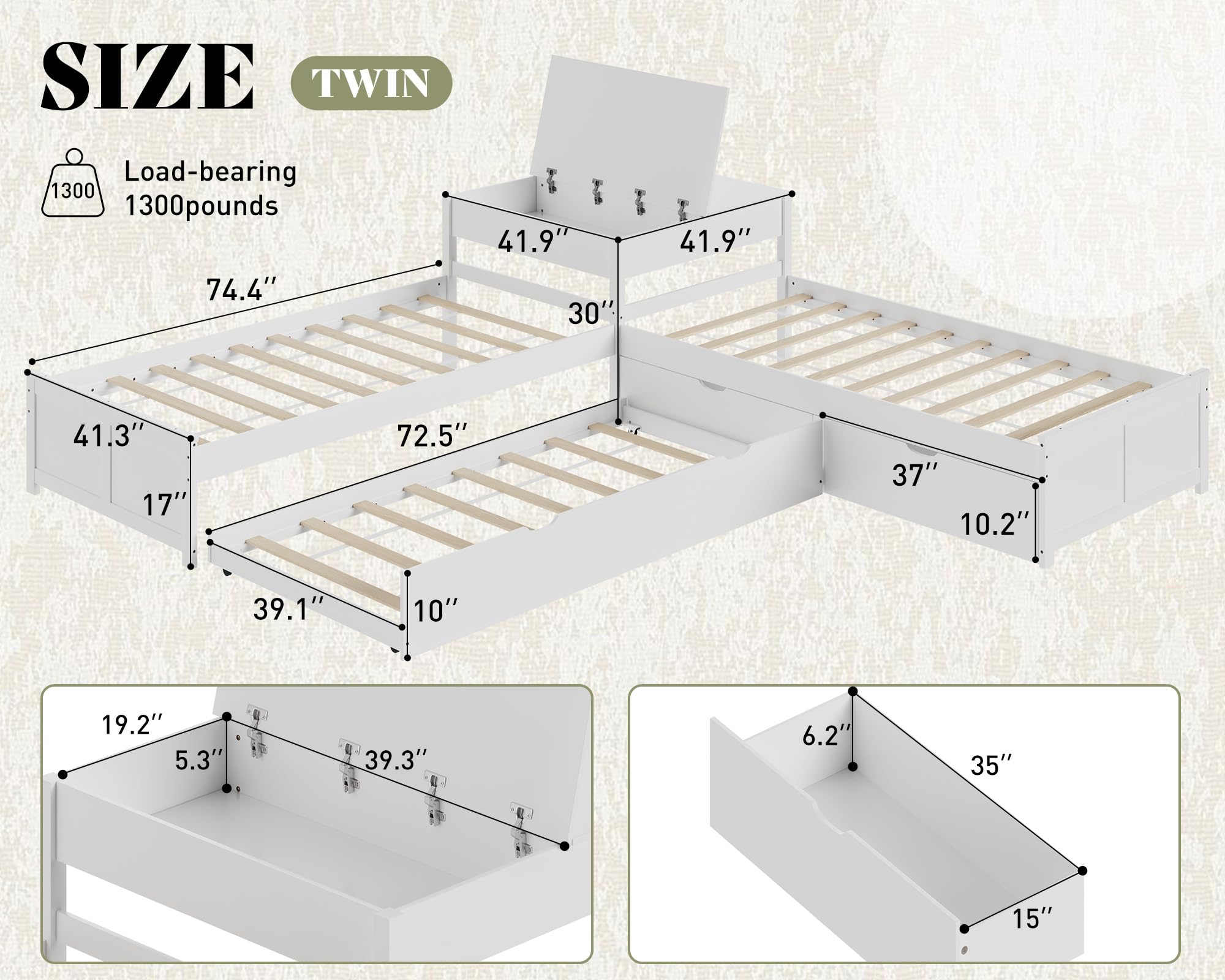 L-Shaped Twin Trundle Bed with Storage Desk