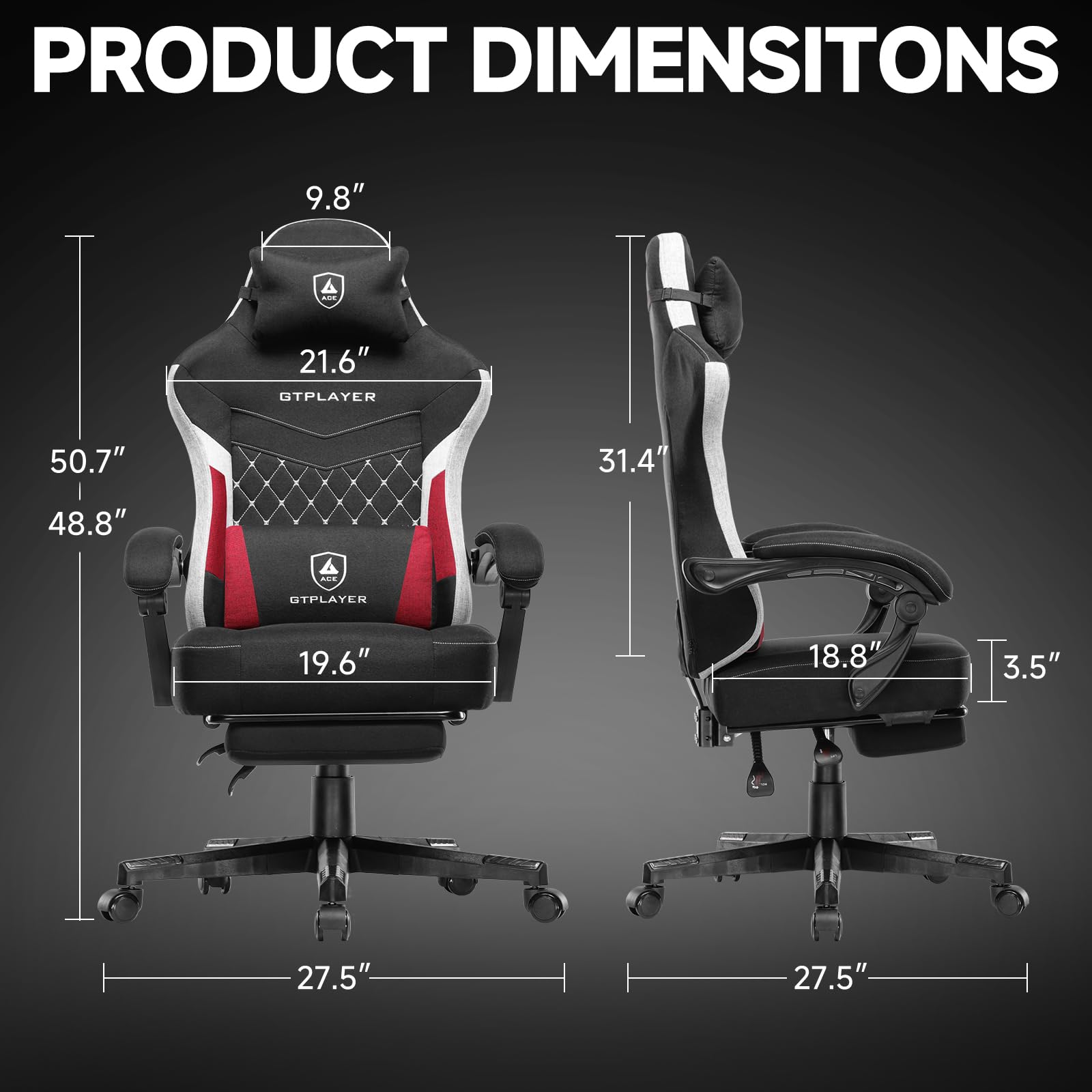 Fabric Gaming Chair with Pocket Spring Cushion and Adjustable Recliner
