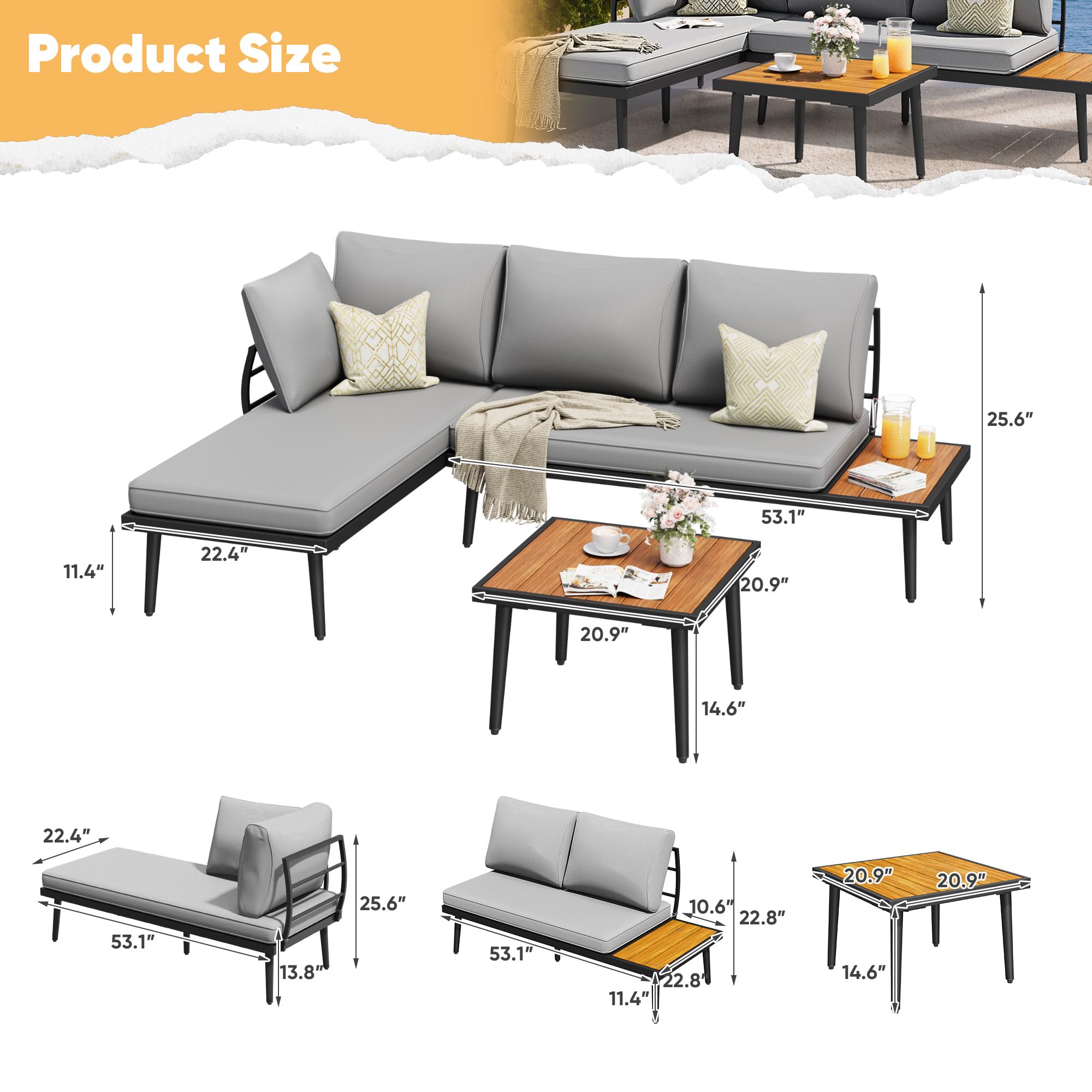 Outdoor L-Shaped Sectional Sofa Set with Coffee Table