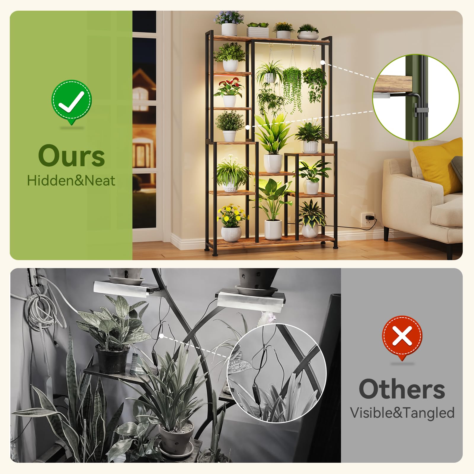 Indoor Tiered Metal Plant Stand with Grow Lights and Hooks