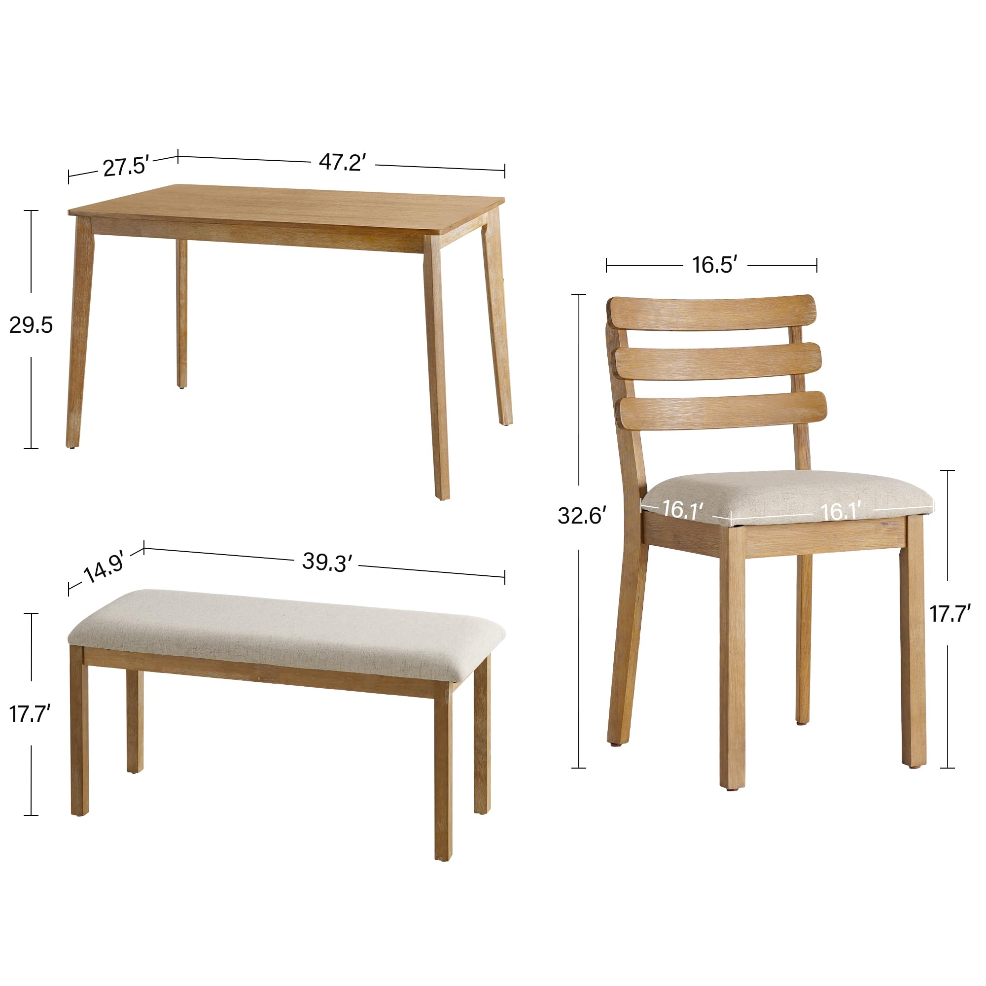 4-Piece Farmhouse Dining Set with Table, Chairs and Bench