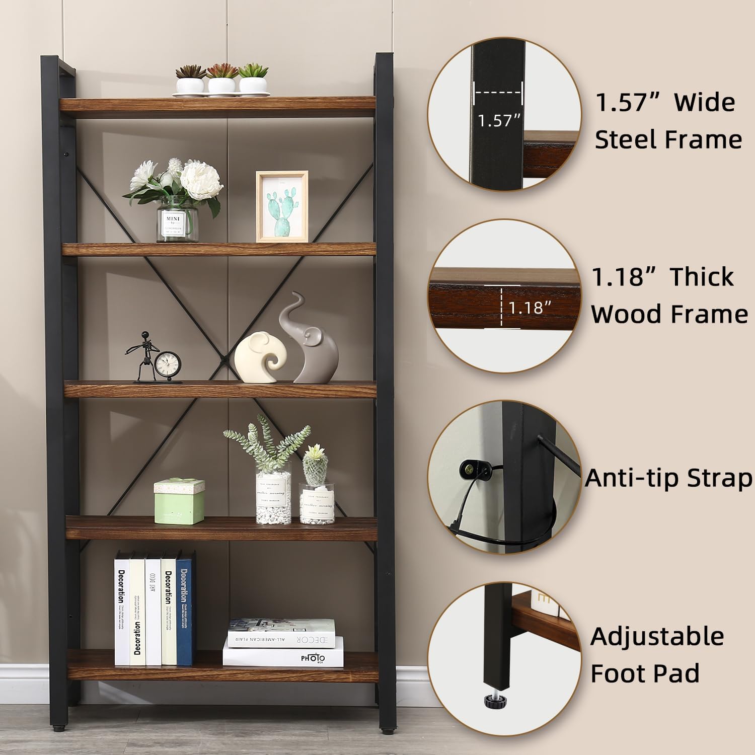 5 Tier Bookcase Solid Wood Rustic Industrial Etagere