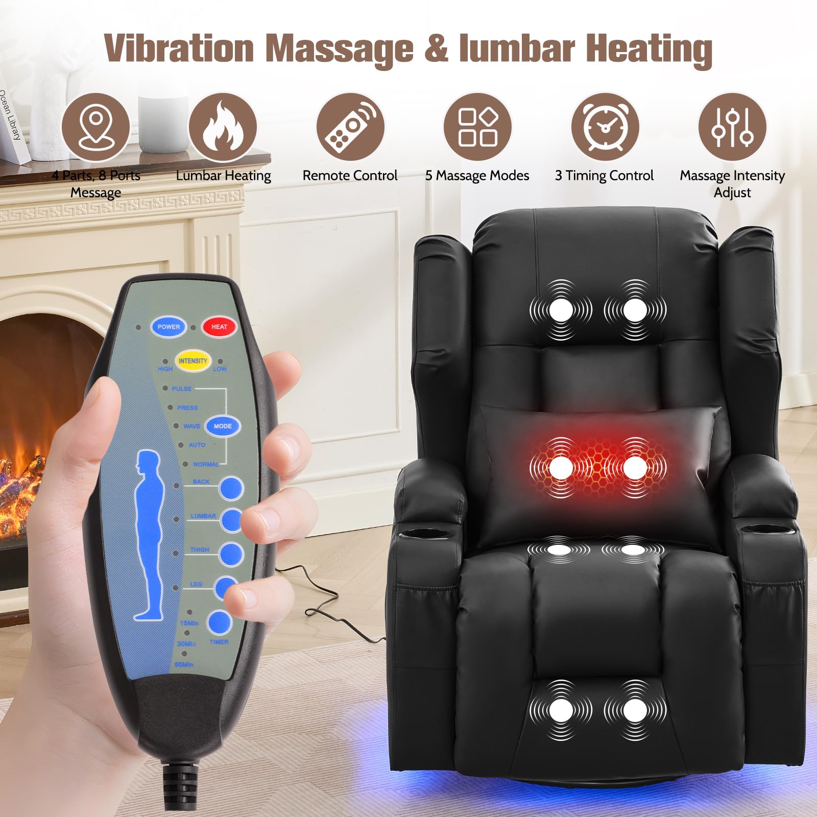 TCGBKAF Swivel Rocker Recliner,Power Recliner Chairs for Adults,240°Swivel Rocking Chair with Massage and Heat,Nursery Glider Recliner with Storage,Cup Holders for Living Room (PU Leather, Black)