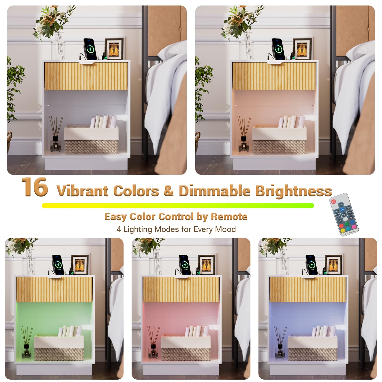 Fluted Nightstands Set of 2 with Charging Station and LED Lights
