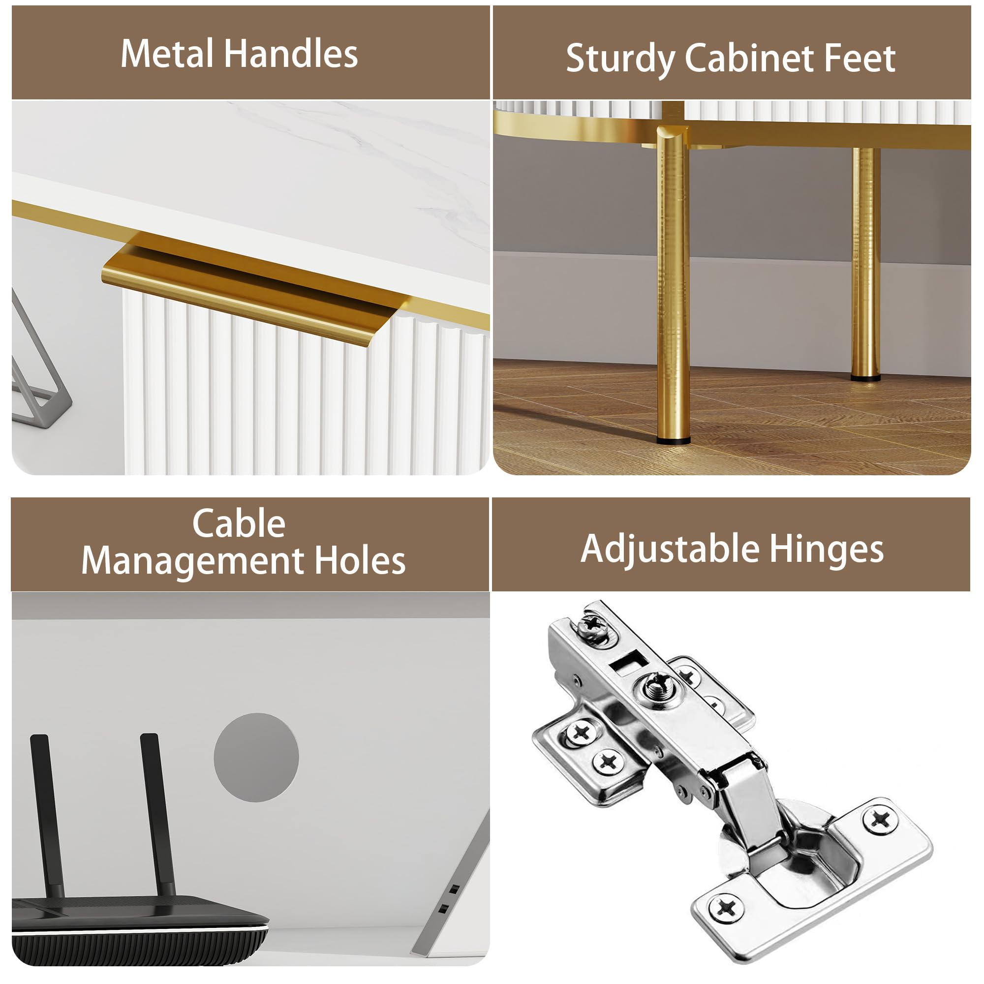 70" White and Gold TV Stand with Faux Marble Top