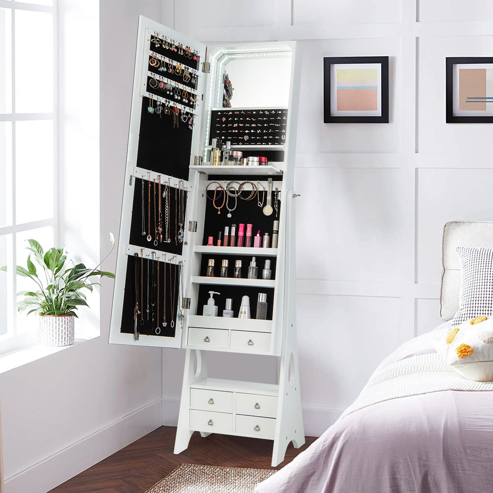 Jewelry Cabinet with LED Light Strip and Full Length Mirror