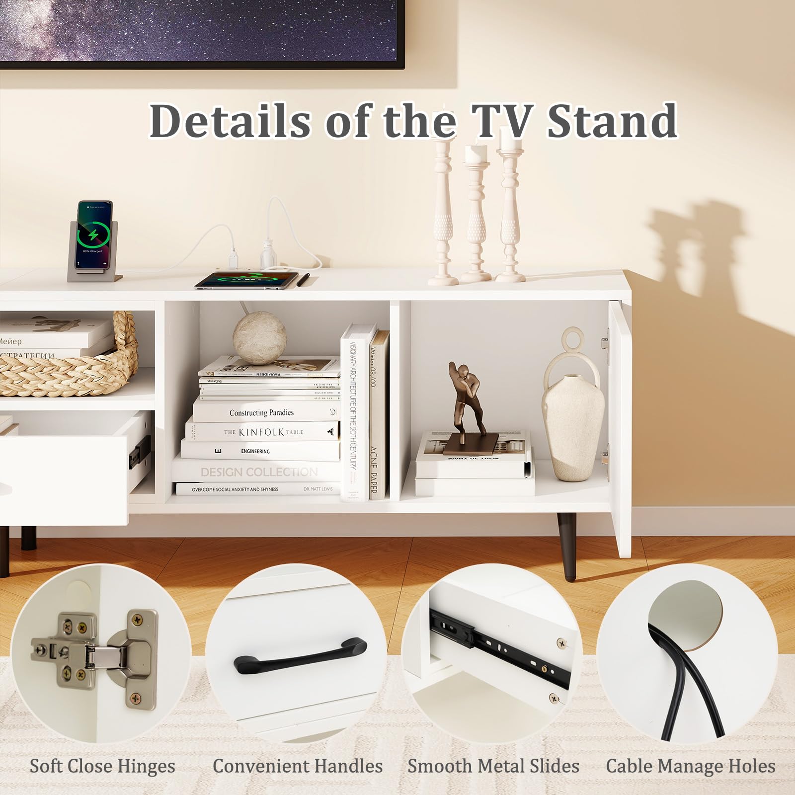 79" White TV Stand with Power Outlets and Storage