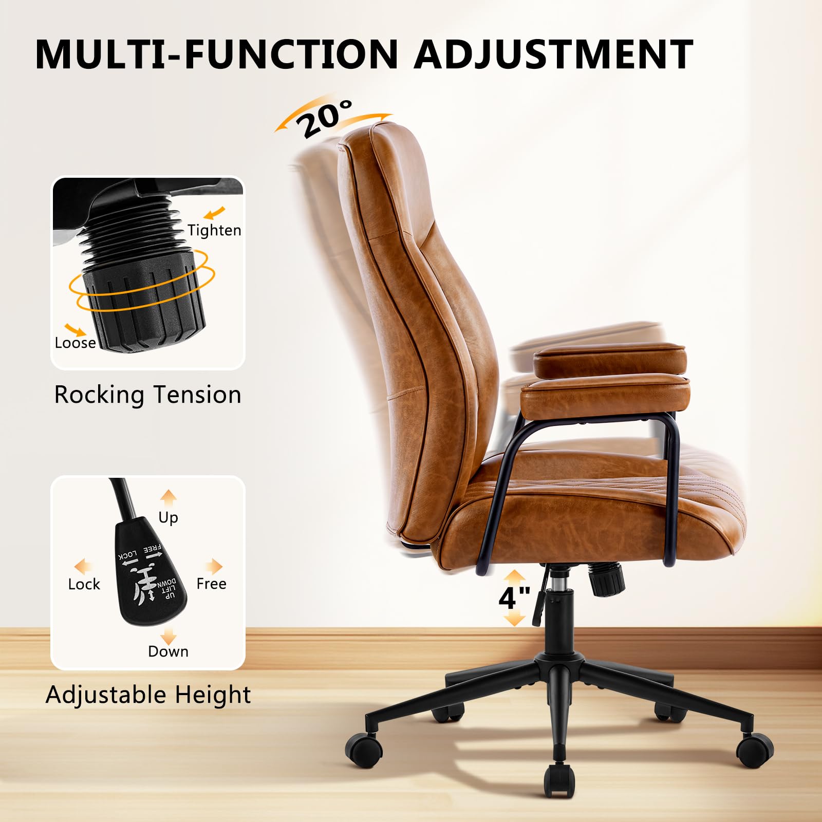 Leather Mid-Back Office Chair with Lumbar Support