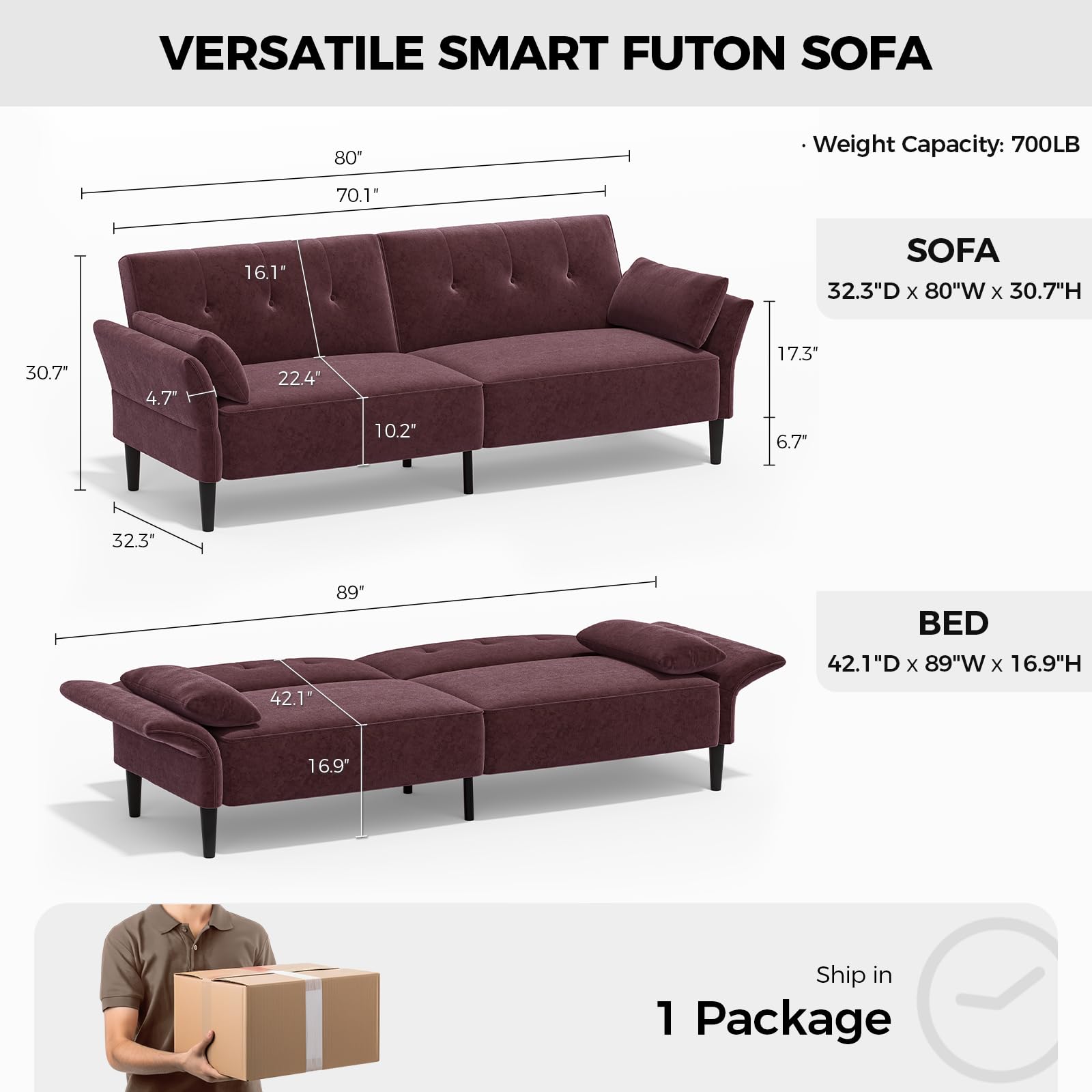 Convertible Futon Sofa Bed with Adjustable Backrest and Armrests