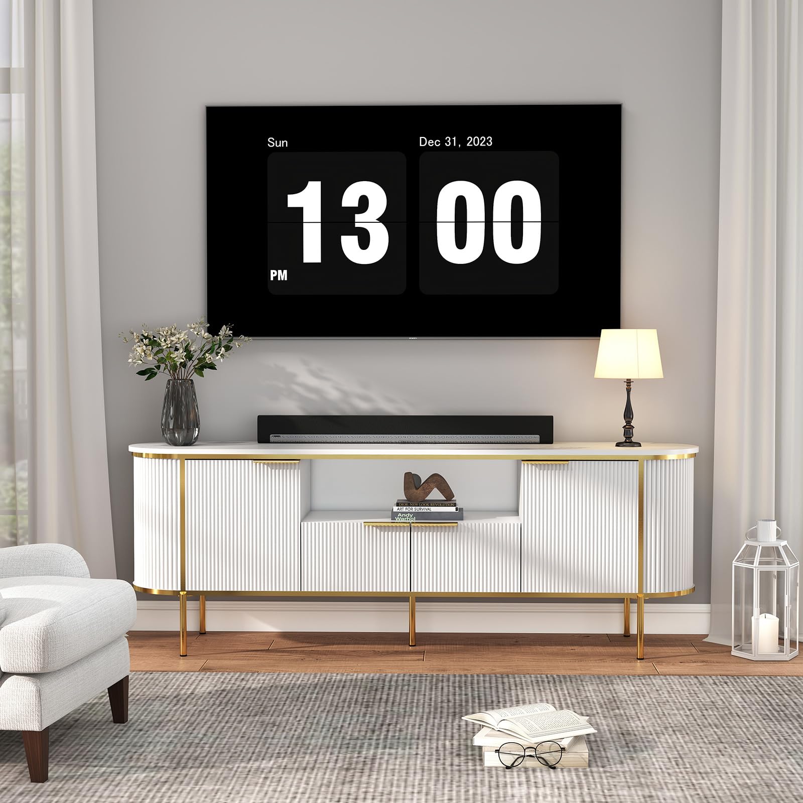 70" White Fluted TV Stand with Storage for TVs Up to 80"