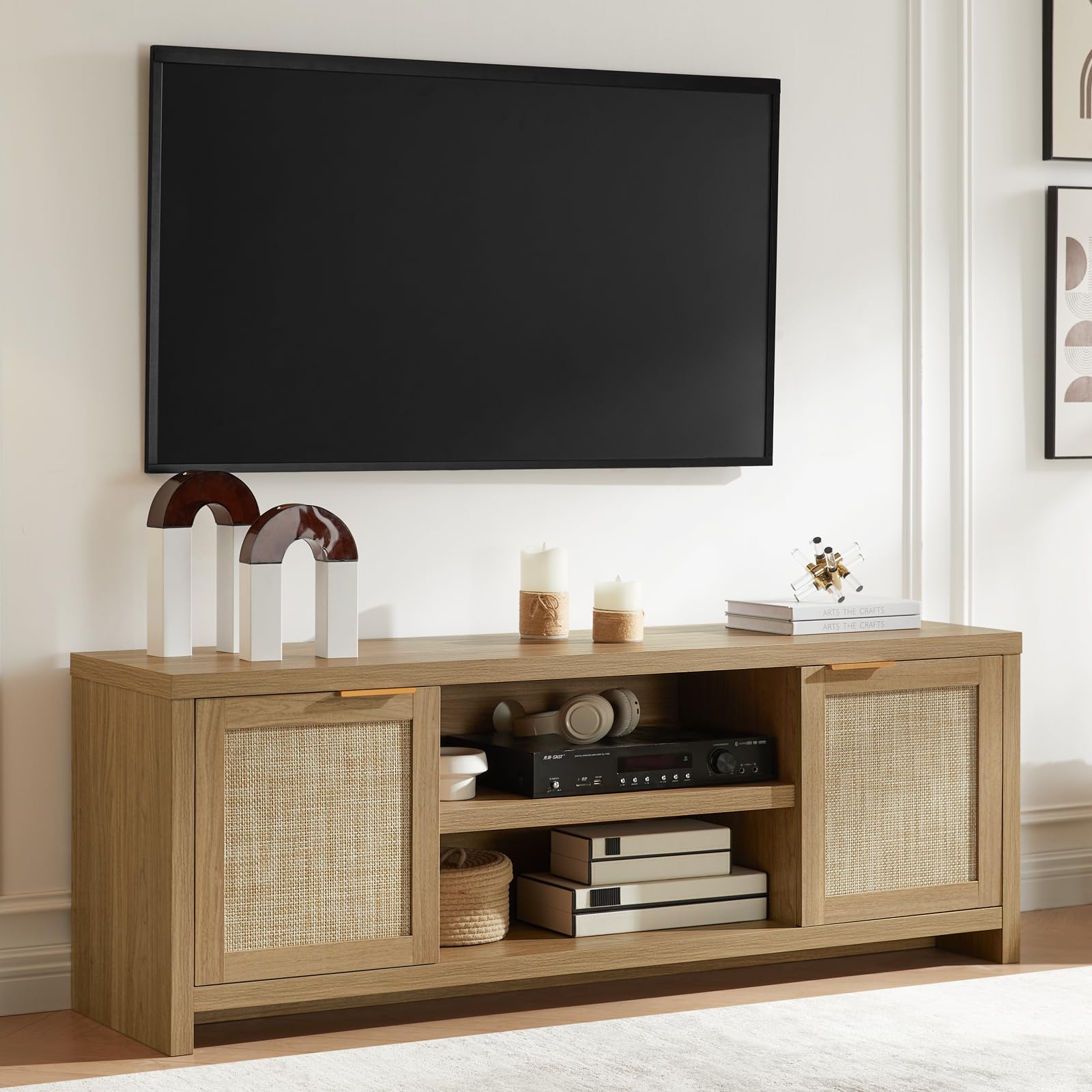TV Stand with Rattan Doors for 50-65 Inch TVs