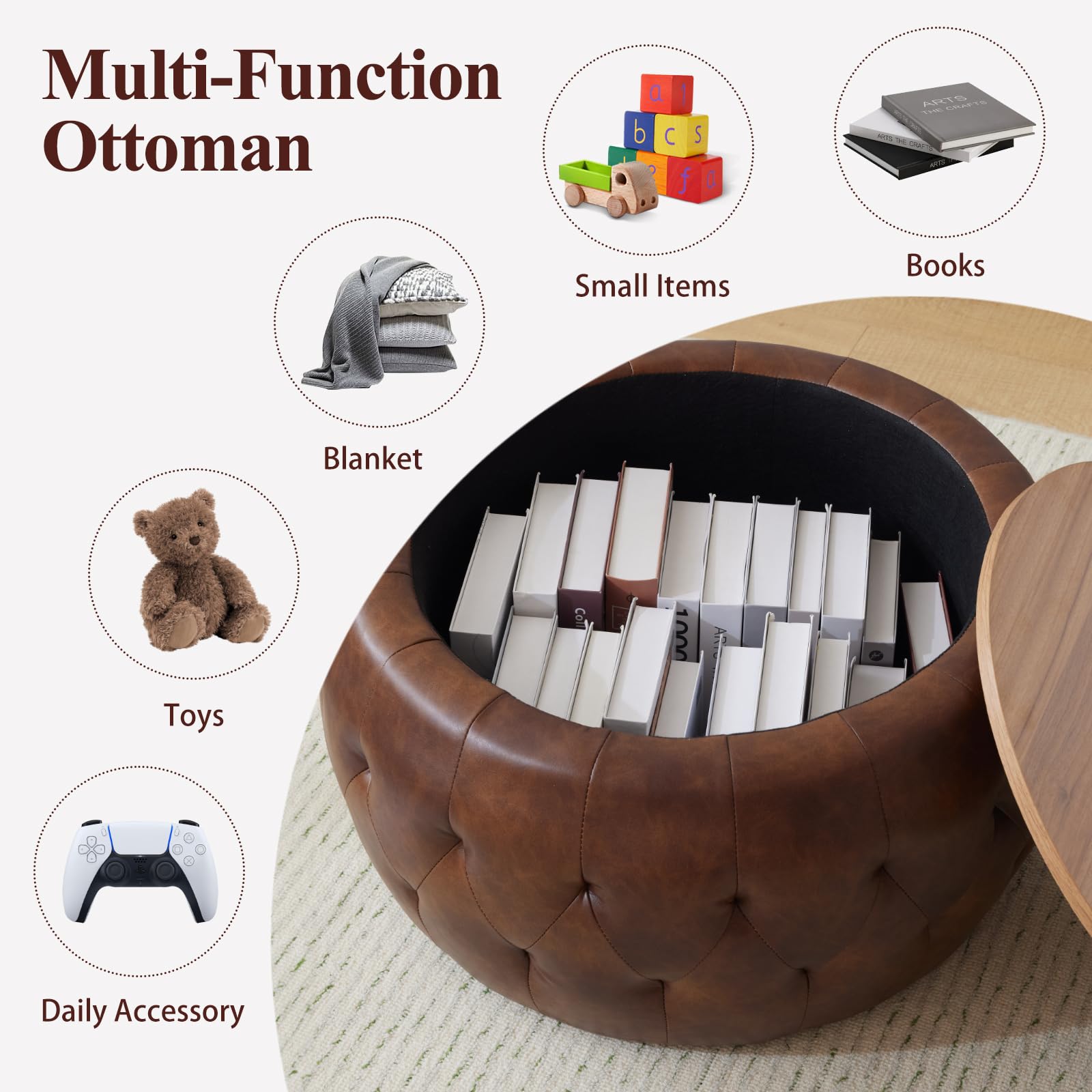 Round Storage Ottoman Coffee Table with Wooden Tabletop