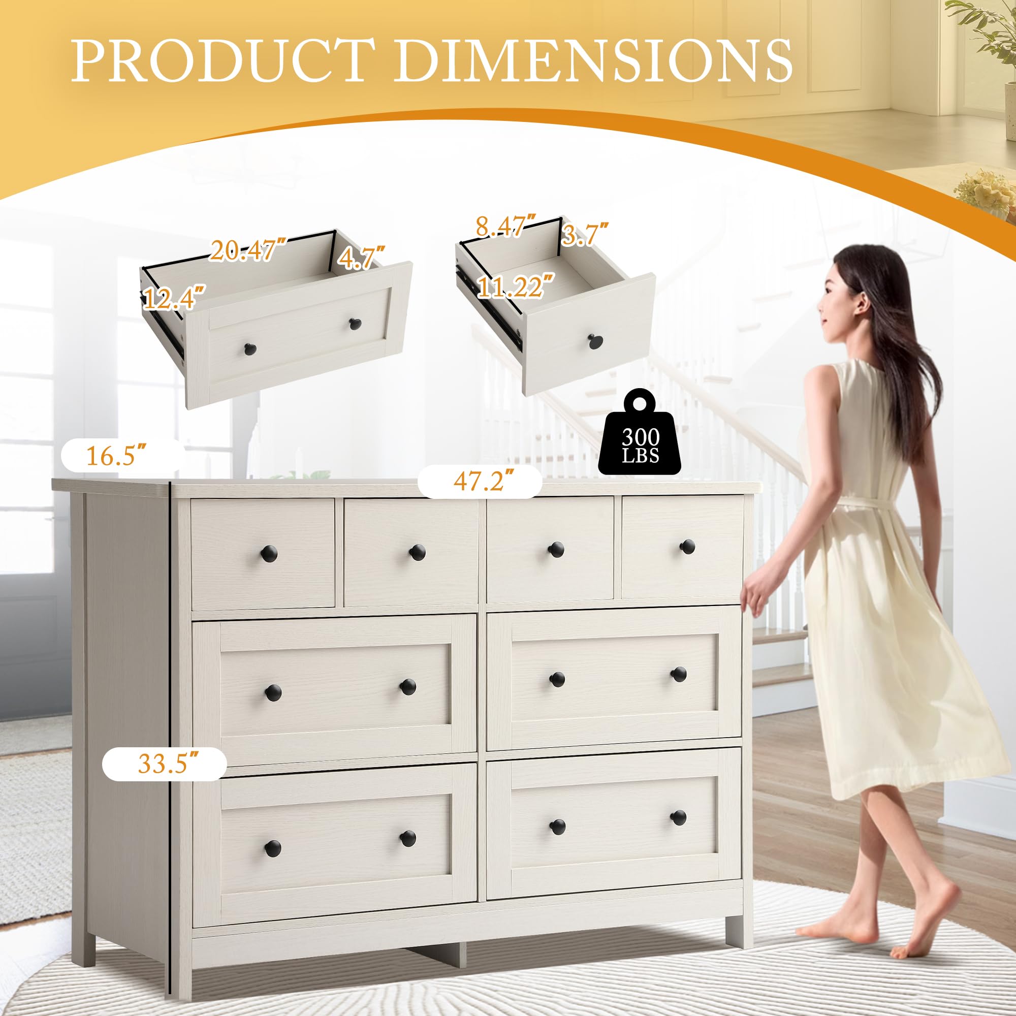 8 Drawer Dresser 47 Inch Wooden Chest with Gold Knobs