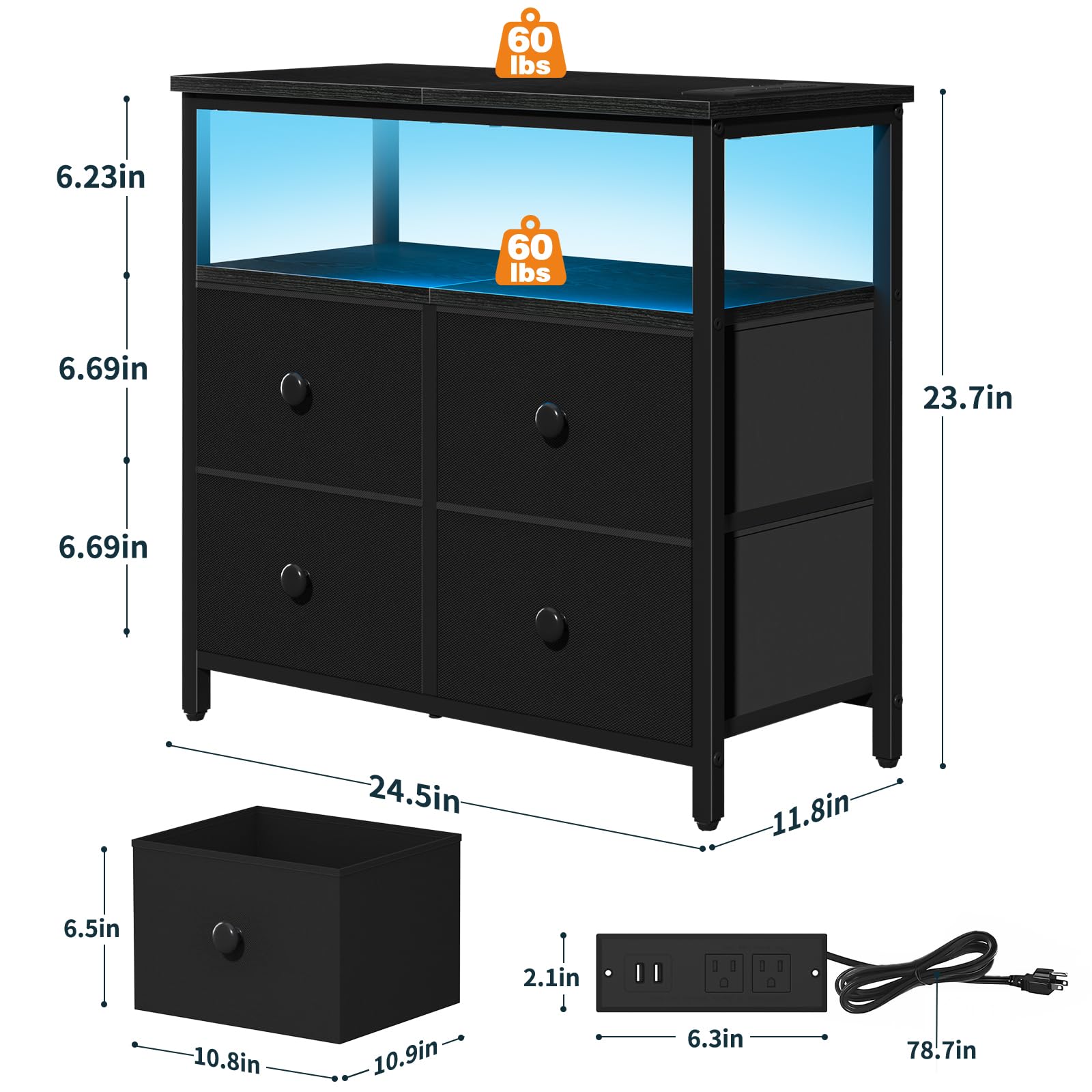 LED Nightstand with Charging Station and 4 Drawers